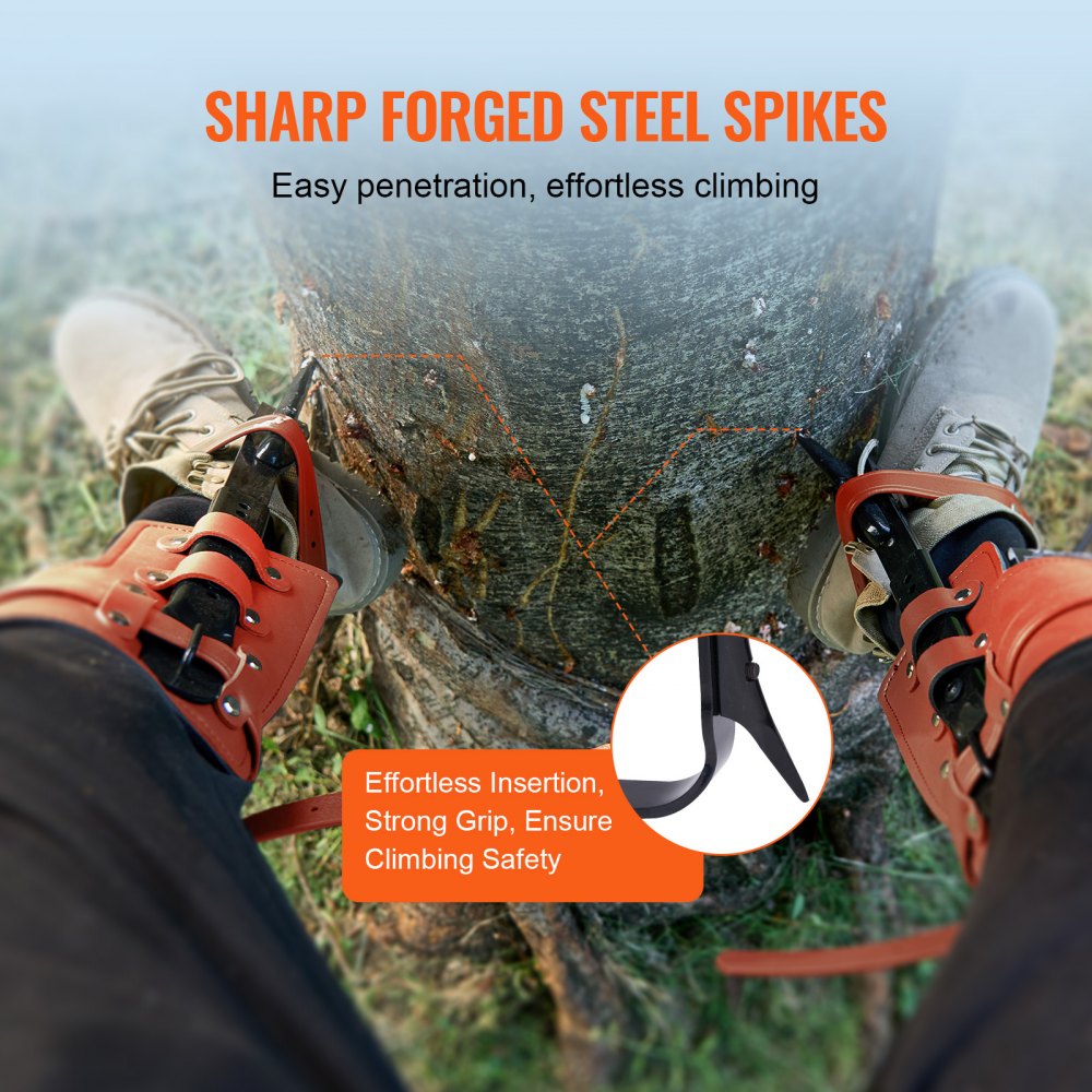 VEVOR Tree Climbing Spikes, 1 Pair of Alloy Steel Climbing Spikes, 350 lbs Load Capacity, Tree Climbing Equipment with Straps and Spike Protectors, Tree Care Equipment for Climbers, Hunting, Fruit Picking, Orange