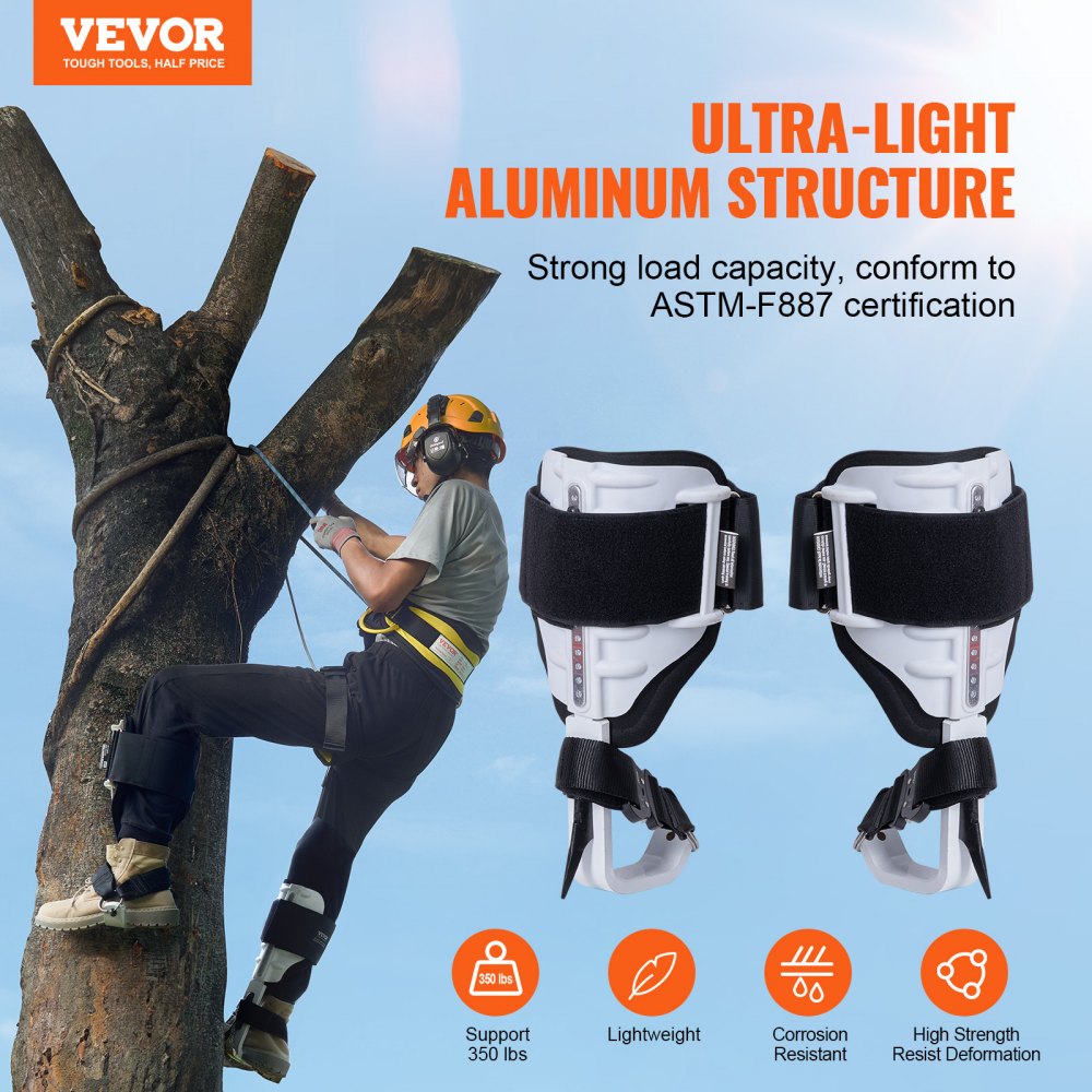 VEVOR Ramponi per Arrampicata sugli Alberi, 1 Paio in Alluminio, Capacità 158,75 kg, Attrezzatura per Arrampicata sugli Alberi con Cinghie e Protezioni per Picchi, Attrezzatura Arboricoltura, Bianco