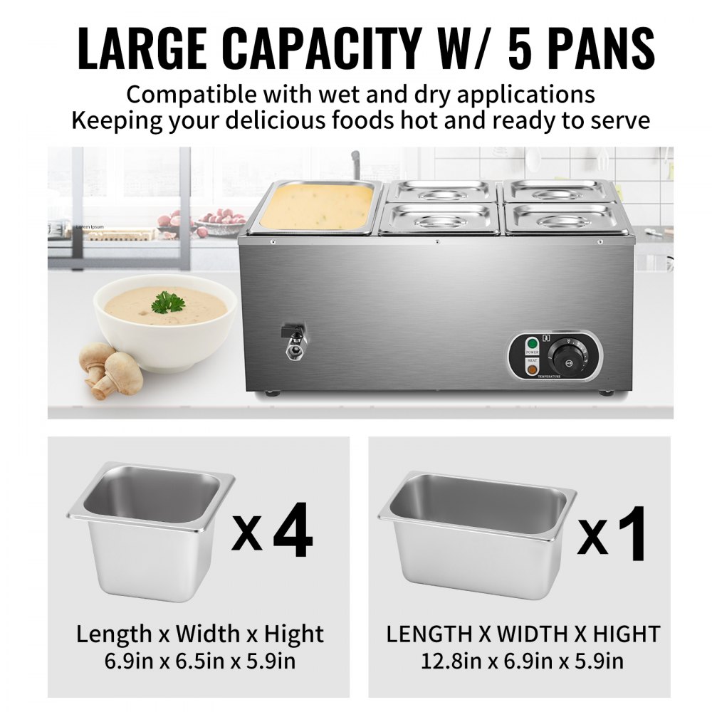 Vevor Scaldavivande Elettrico Caldo A Buffet 5 Padelle 22 X 13,6 X 10,2 Pollici