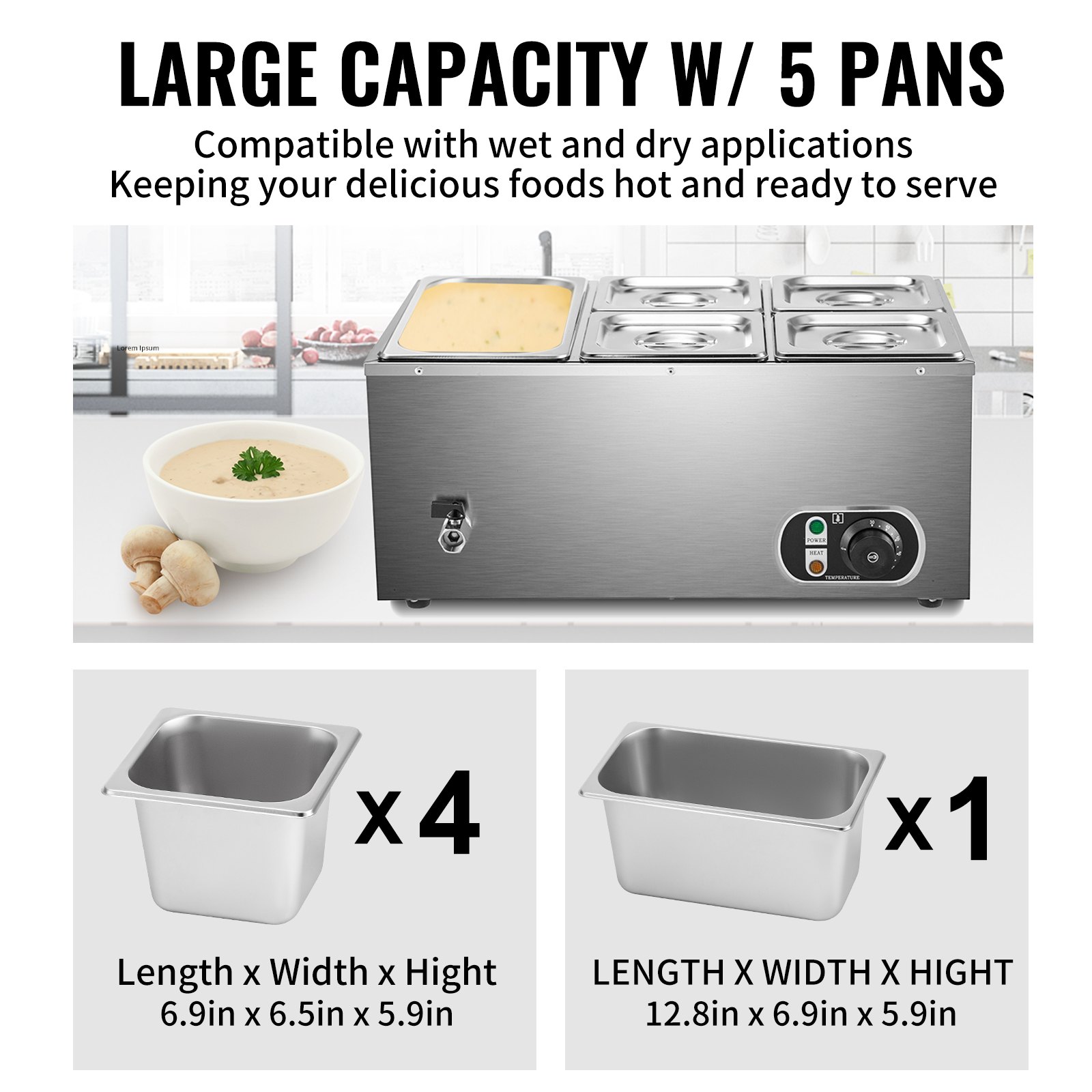 Vevor Scaldavivande Elettrico Caldo A Buffet 5 Padelle 22 X 13,6 X 10,2 Pollici