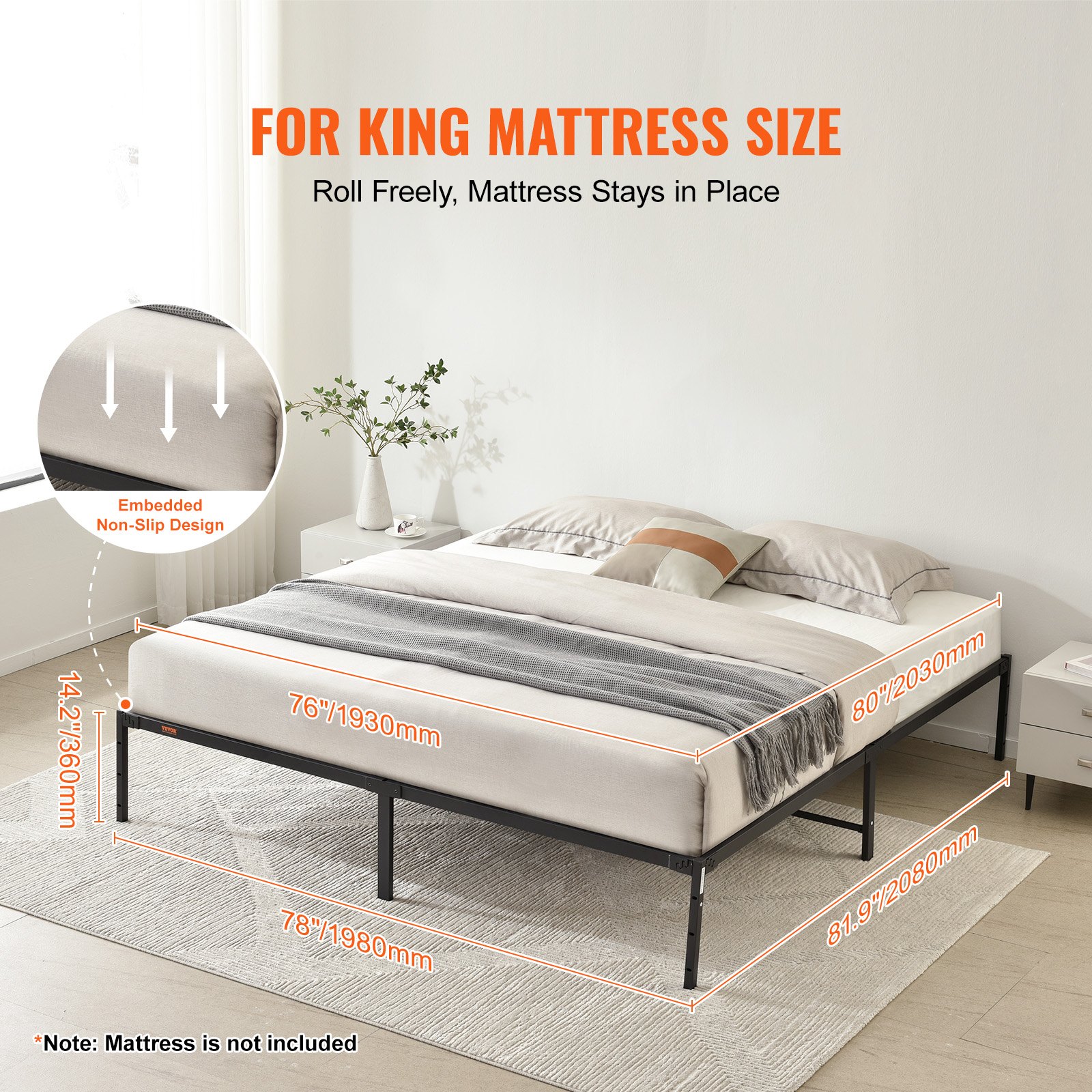 VEVOR Struttura Letto King Size 208x198x36 cm Rete a Doghe in Metallo Struttura Solida Letto Matrimoniale Portata Max. 680 kg Spazio di Archiviazione Sotto Letto e Colore Nero, Telaio Letto King Size