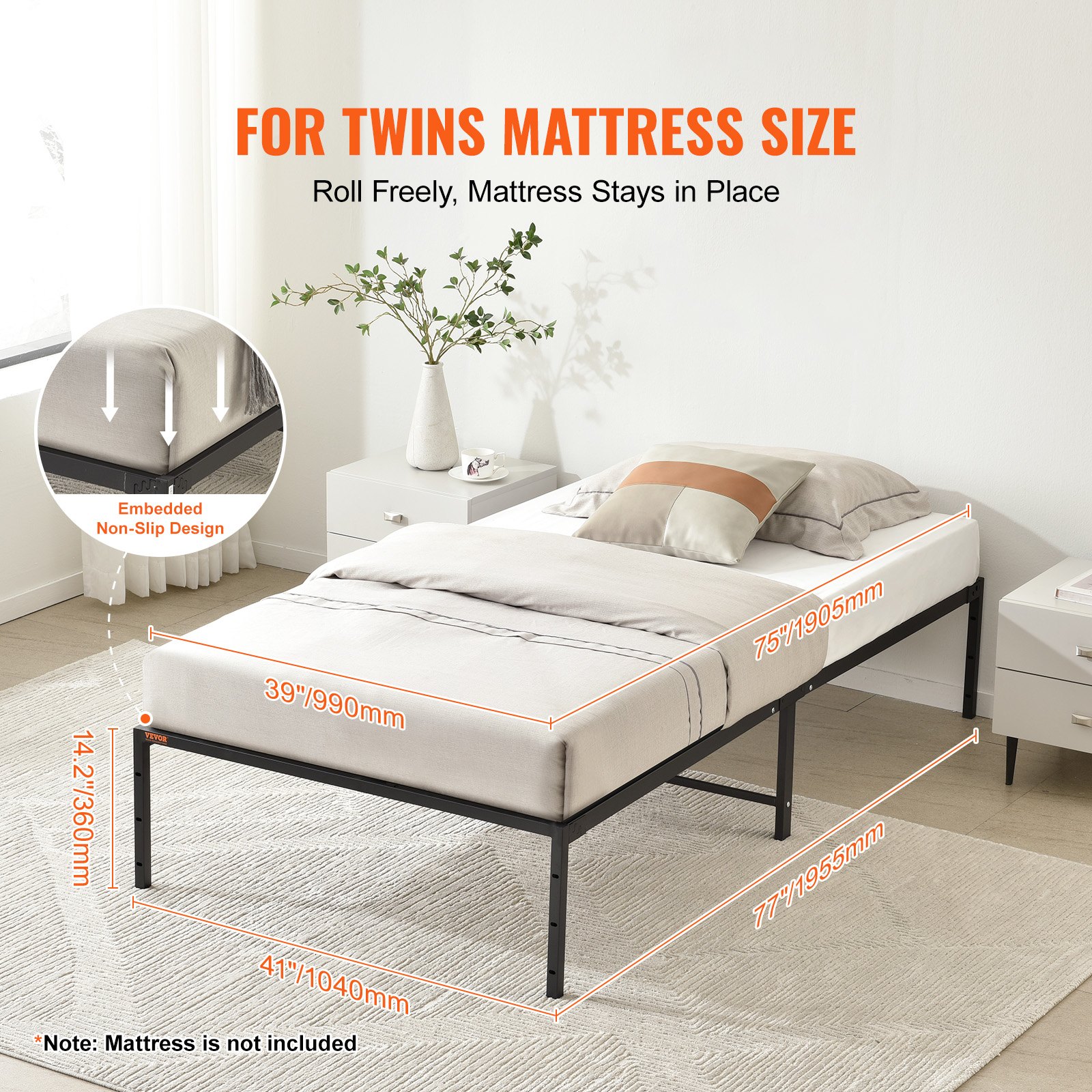 VEVOR Struttura Letto Singolo 195,5x104x36 cm Rete a Doghe in Metallo Struttura Solida Portata Letto Singolo Max. 272 kg con Spazio Sotto Letto 33cm, Telaio per Letto Singolo in Acciaio Colore Nero