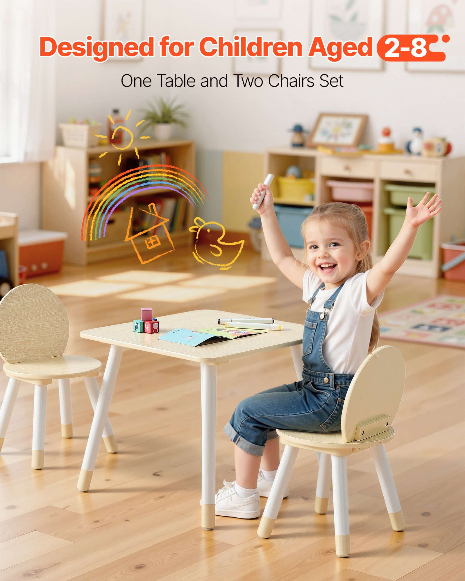 VEVOR Set di Tavolo Sedie per Bambini, Set Tavolo con 2 Sedie Bordi Arrotondati per Bambini da Asilo Nido Scuola Materna Casa per Leggere, Imparare, Disegnare, Scrivere, Mobili per Sala Giochi