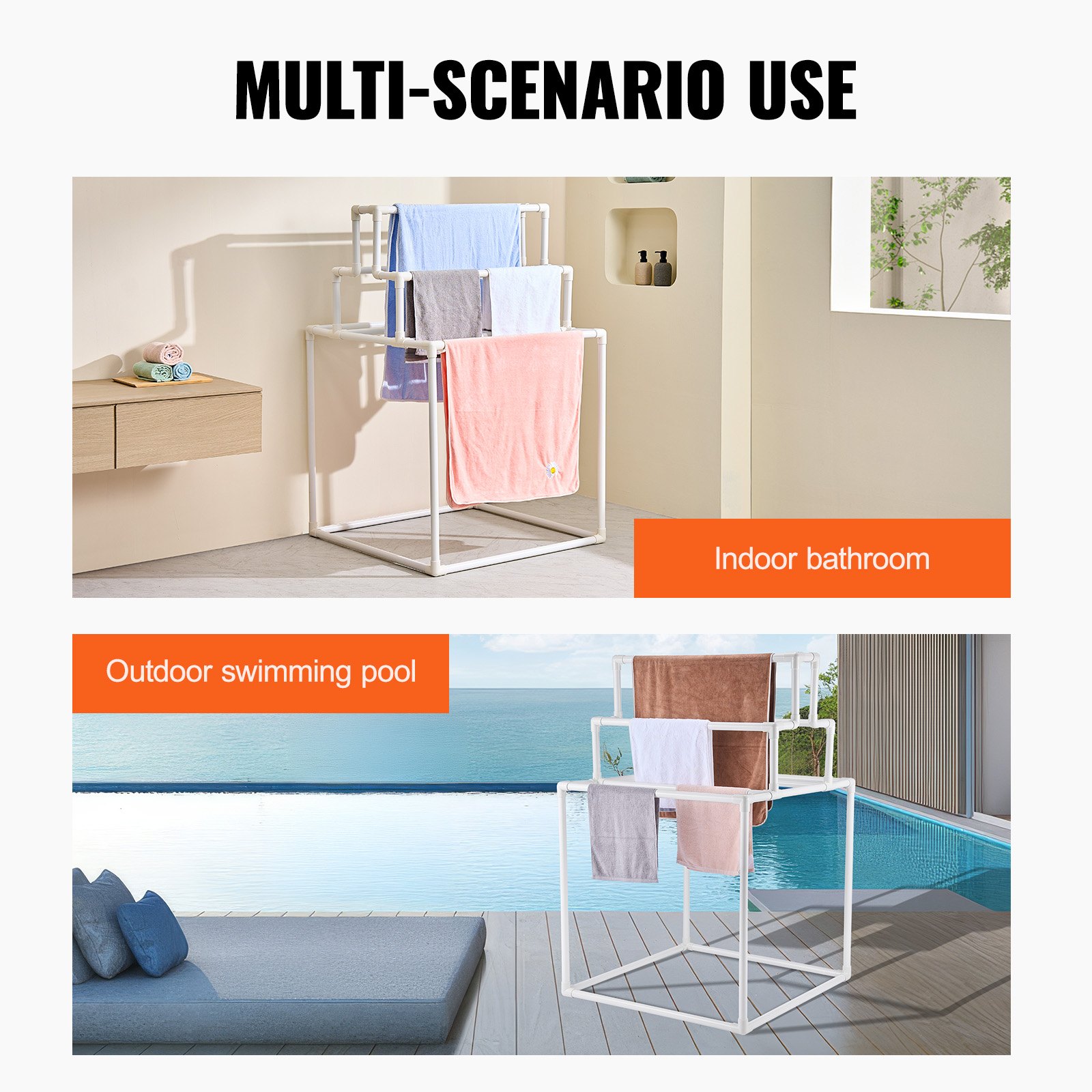 VEVOR Portasciugamani per Esterni, Portasciugamani Indipendente Accanto alla Vasca Idromassaggio, Organizer per Stendino Trapunte Interni Esterni, per Bordo Piscina, Bagno, Bianco con 8 Barre  6,6 kg