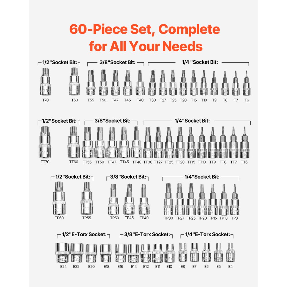VEVOR Set di Bussole per Punta Torx Esterne, 60 Pezzi T6 a T70, TT6 a TT70, TP8 a TP60, E4 a E24, Acciaio Legato S2 e Cr-V, Attacchi 0,63/0,95/1,27 cm, con Custodia Stoccaggio, Manuale