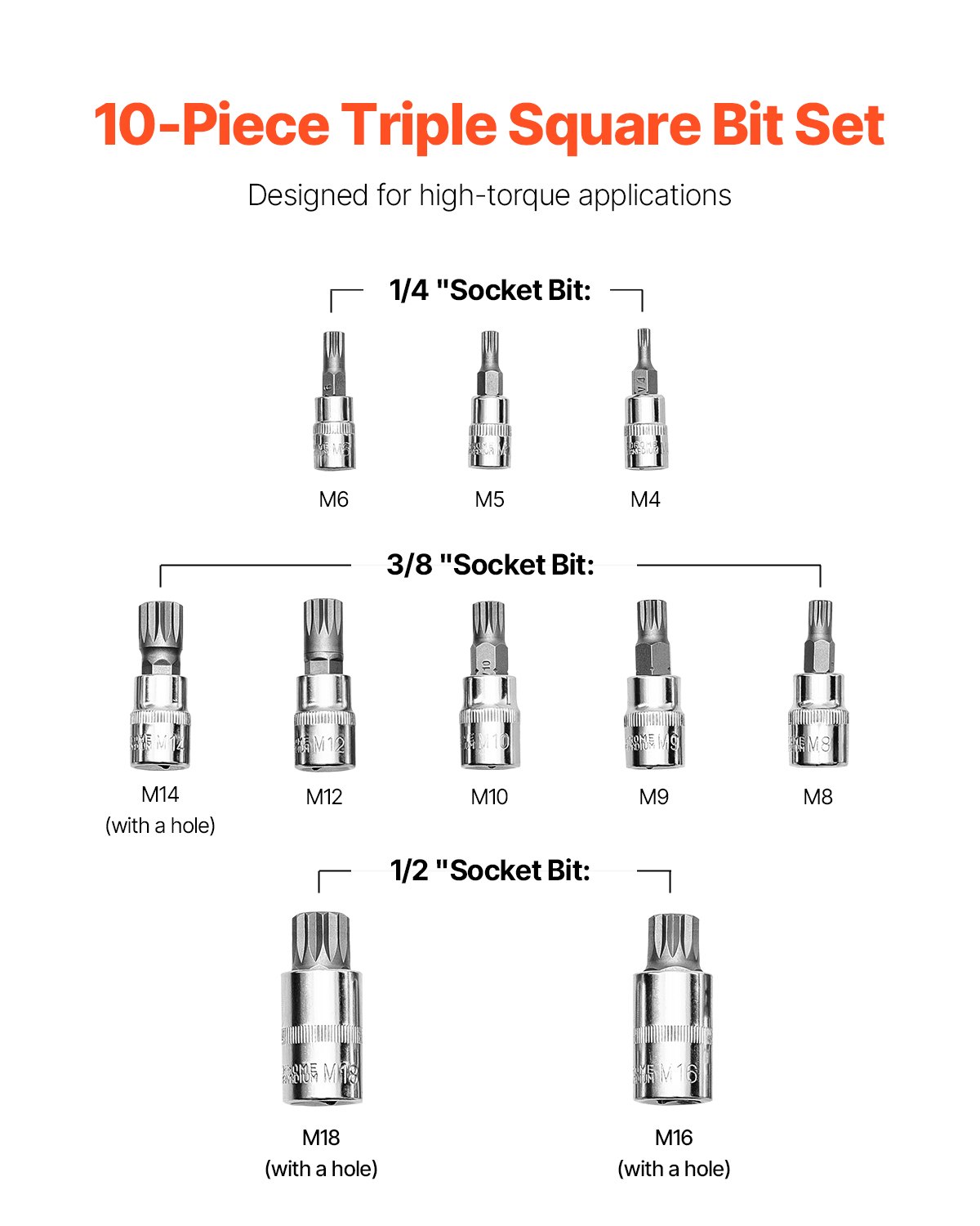 VEVOR Set di Bussole a Triplo Quadrato XZN, 10 Pezzi M4 a M18, Acciaio Cr-V di Alta Qualità, Attacchi 0,63/0,95/1,27 cm, con Custodia di Stoccaggio, Uso Manuale, Settore Automobilistico