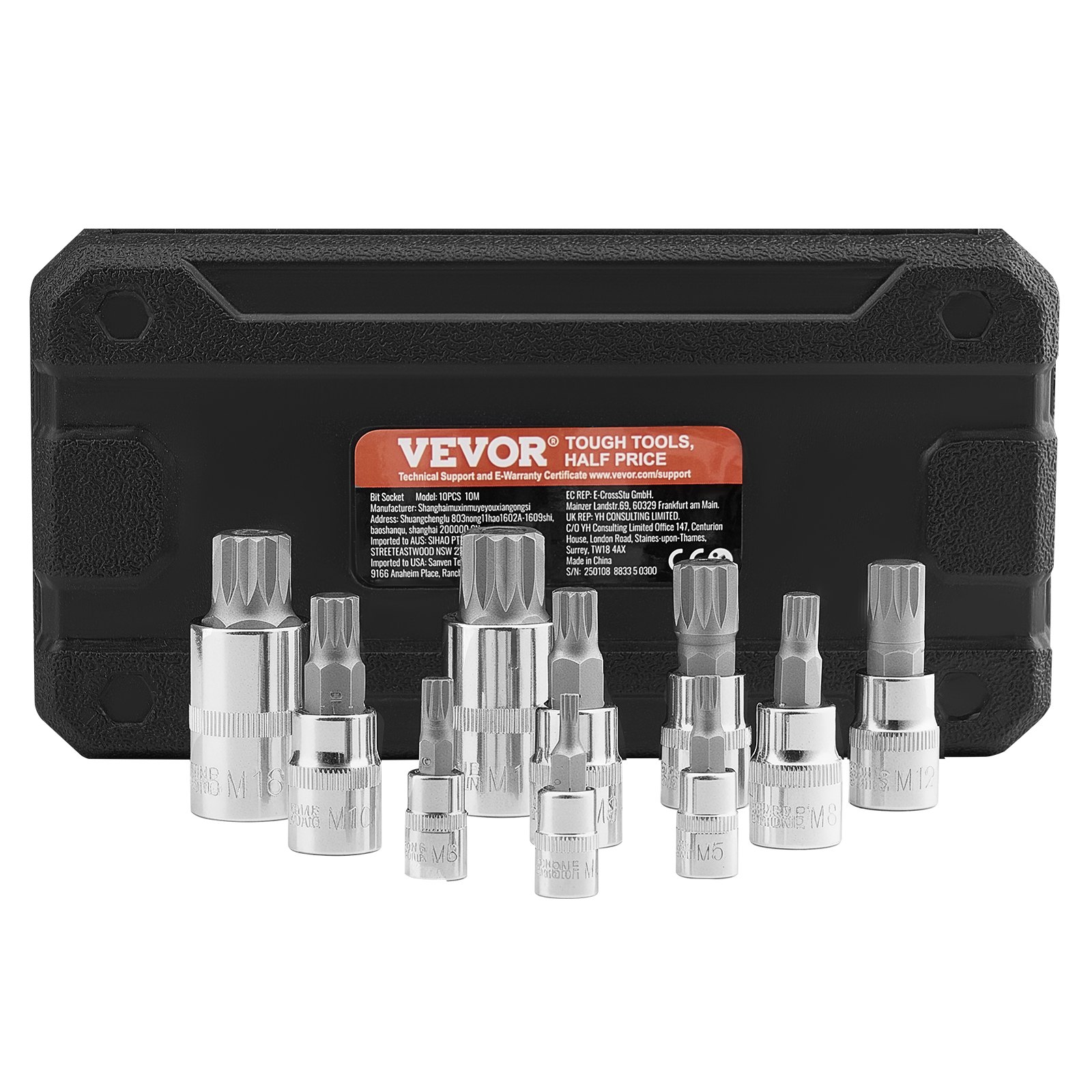 VEVOR Set di Bussole a Triplo Quadrato XZN, 10 Pezzi M4 a M18, Acciaio Cr-V di Alta Qualità, Attacchi 0,63/0,95/1,27 cm, con Custodia di Stoccaggio, Uso Manuale, Settore Automobilistico