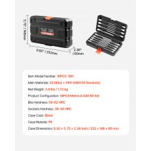 VEVOR Set di Chiavi a Bussola Esagonali Lunghe per Meccanici 18 Pezzi Attacco da 3/8 pollice in Acciaio Legato S2 Acciaio Cr-V, Standard SAE e Metrico da 1/8 pollice a 3/8 di pollice, 3-12 mm