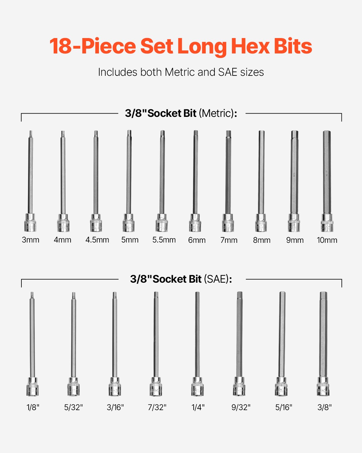 VEVOR Extra Long Hex Socket Set, 18-Piece, 3/8" Drive, S2 Alloy Steel & Cr-V Steel, Standard SAE & Metric 1/8"-3/8", 3-12 mm, with Improved Storage Case