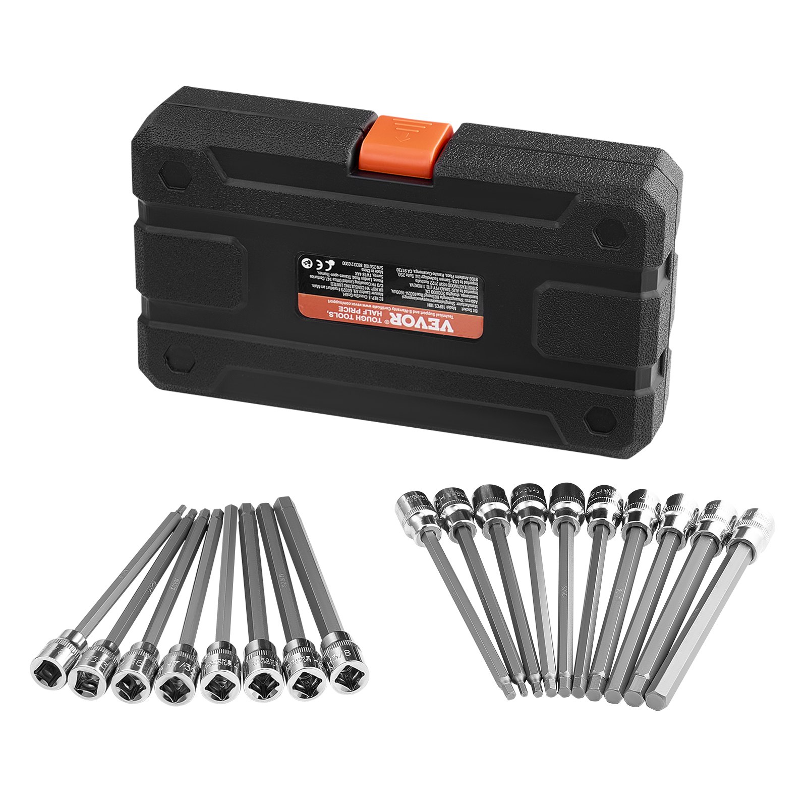 VEVOR Extra Long Hex Socket Set, 18-Piece, 3/8" Drive, S2 Alloy Steel & Cr-V Steel, Standard SAE & Metric 1/8"-3/8", 3-12 mm, with Improved Storage Case