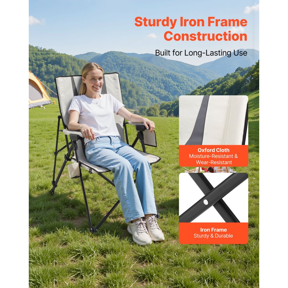 VEVOR Folding Camping Chair, 3 Reclining Positions, Outdoor High Back Camping Chair, 260lbs Weight Capacity, Full Padded Beach Chairs with Armrest & Headrest, Portable Lawn Chairs for Sports Travel