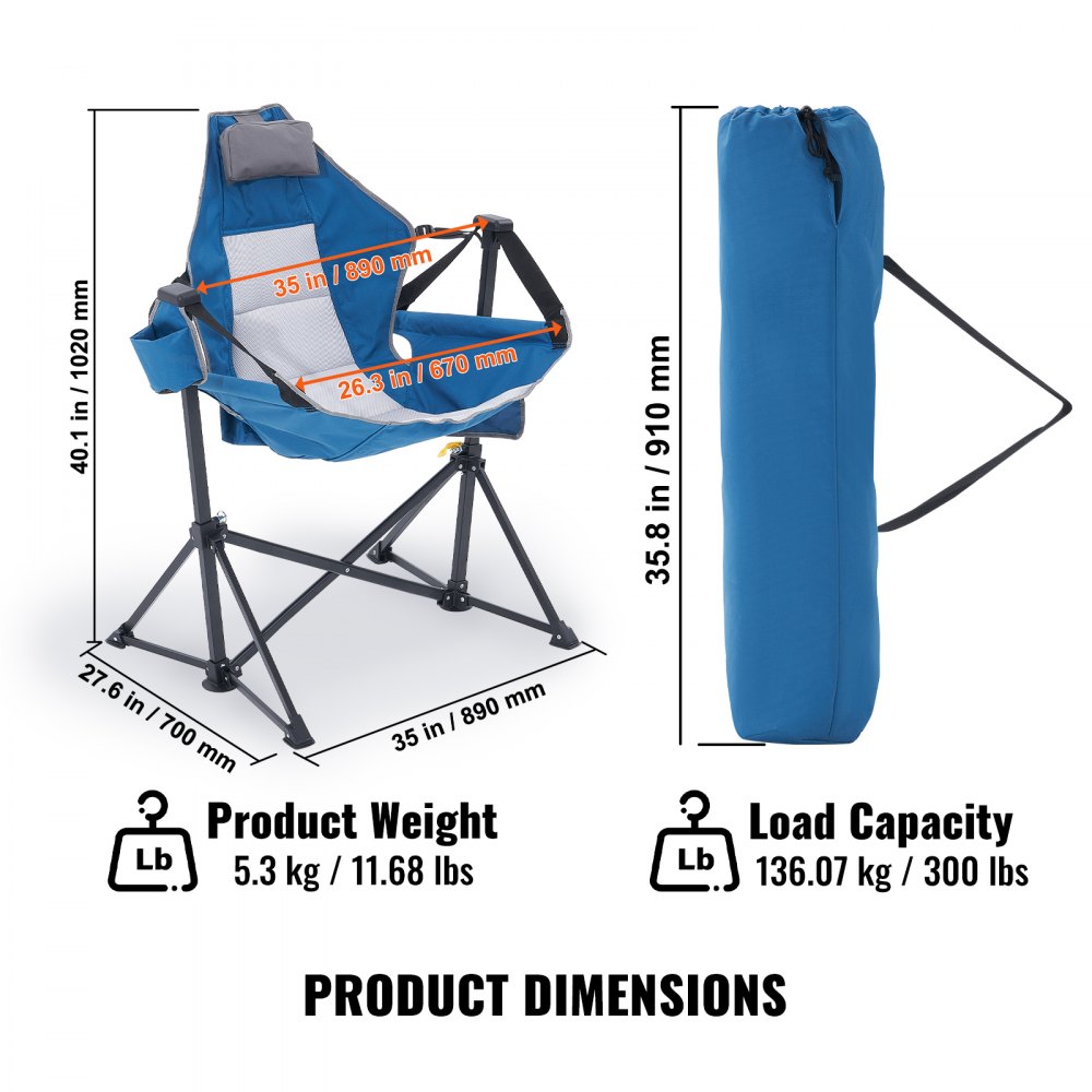VEVOR Reclining Camping Chair, 300 lbs Weight Capacity Camping Hanging Chair, Swing Lounge Folding Chair with Drink Holder, Storage Bag, Headrest and Adjustable Backrest, for Camping and Other Outdoor Activities
