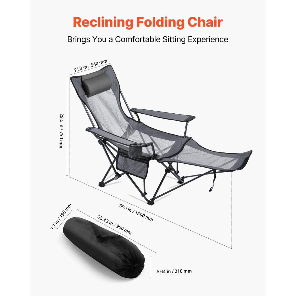 VEVOR Reclining Camping Chair, 4 Adjustable Positions, Portable Folding Lounger for Adults, Mesh Beach Chair with Headrest & Foot Rest, Supports 220 lbs, Heavy Duty Camp Chairs for Patio, Gray