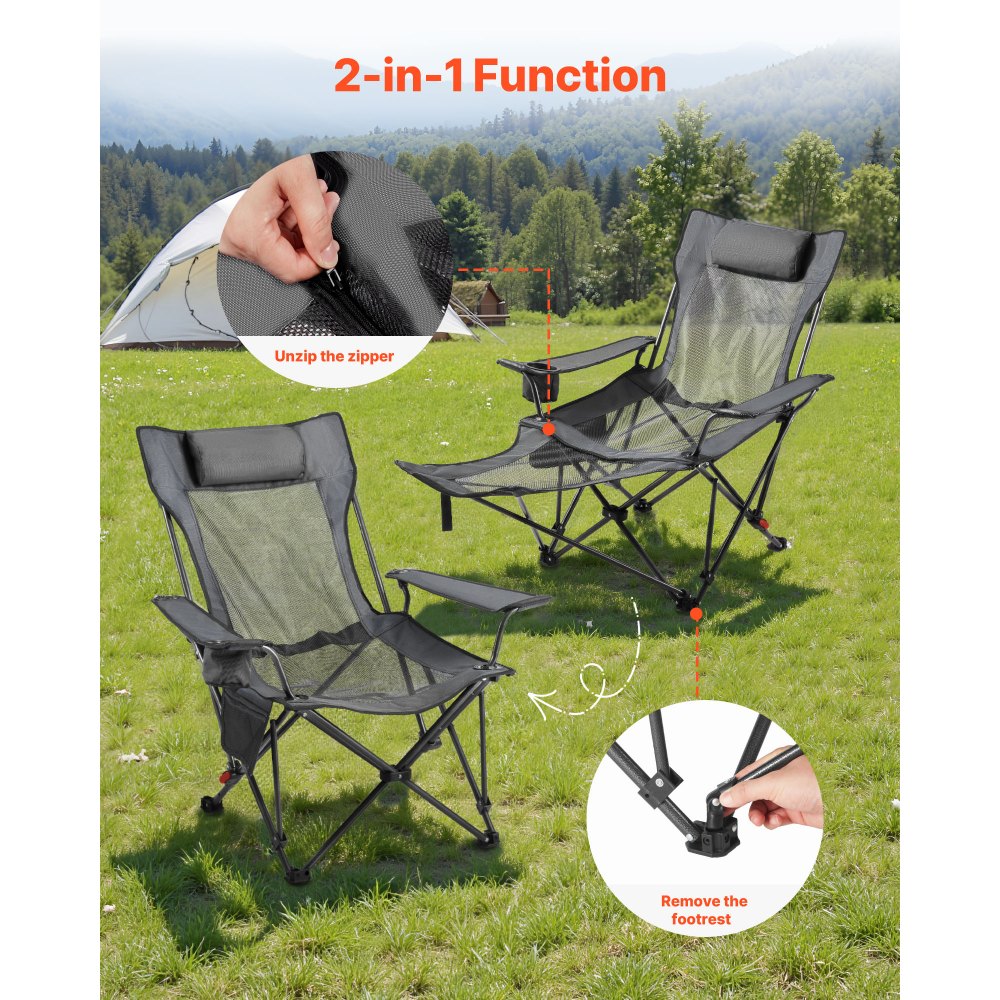 VEVOR Reclining Camping Chair, 4 Adjustable Positions, Portable Folding Lounger for Adults, Mesh Beach Chair with Headrest & Foot Rest, Supports 220 lbs, Heavy Duty Camp Chairs for Patio, Gray