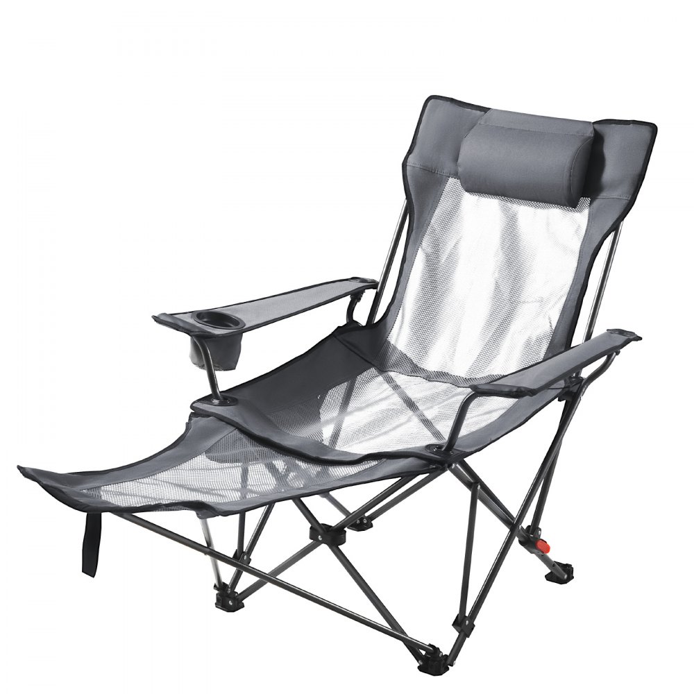 VEVOR Reclining Camping Chair, 4 Adjustable Positions, Portable Folding Lounger for Adults, Mesh Beach Chair with Headrest & Foot Rest, Supports 220 lbs, Heavy Duty Camp Chairs for Patio, Gray