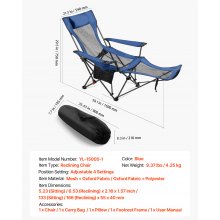 VEVOR Sedia da Campeggio Reclinabile, 4 Posizioni Regolabili, Sdraio Pieghevole Portatile per Adulti, in Rete con Poggiapiedi e Poggiatesta, Supporta 99,8 kg, Sedie da Campeggio per Patio, Blu