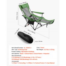 VEVOR Sedia da Campeggio Reclinabile, 4 Posizioni Regolabili, Sdraio Pieghevole Portatile per Adulti, in Rete con Poggiapiedi e Poggiatesta, Supporta 99,8 kg, Sedie da Campeggio per Patio, Verde