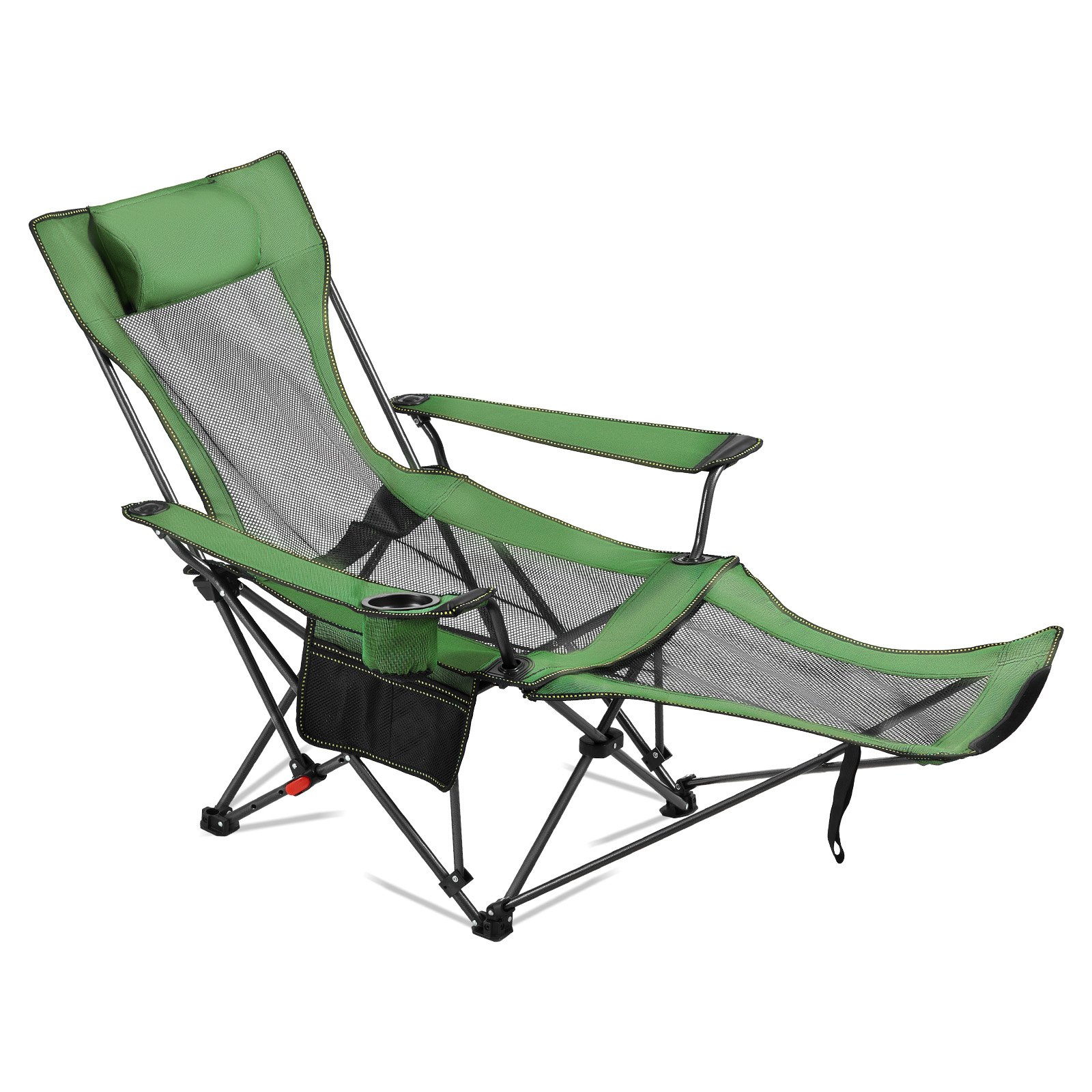 VEVOR Reclining Camping Chair, 4 Adjustable Positions, Portable Folding Lounger for Adults, Mesh Beach Chair with Headrest & Foot Rest, Supports 220 lbs, Heavy Duty Camp Chairs for Patio, Green