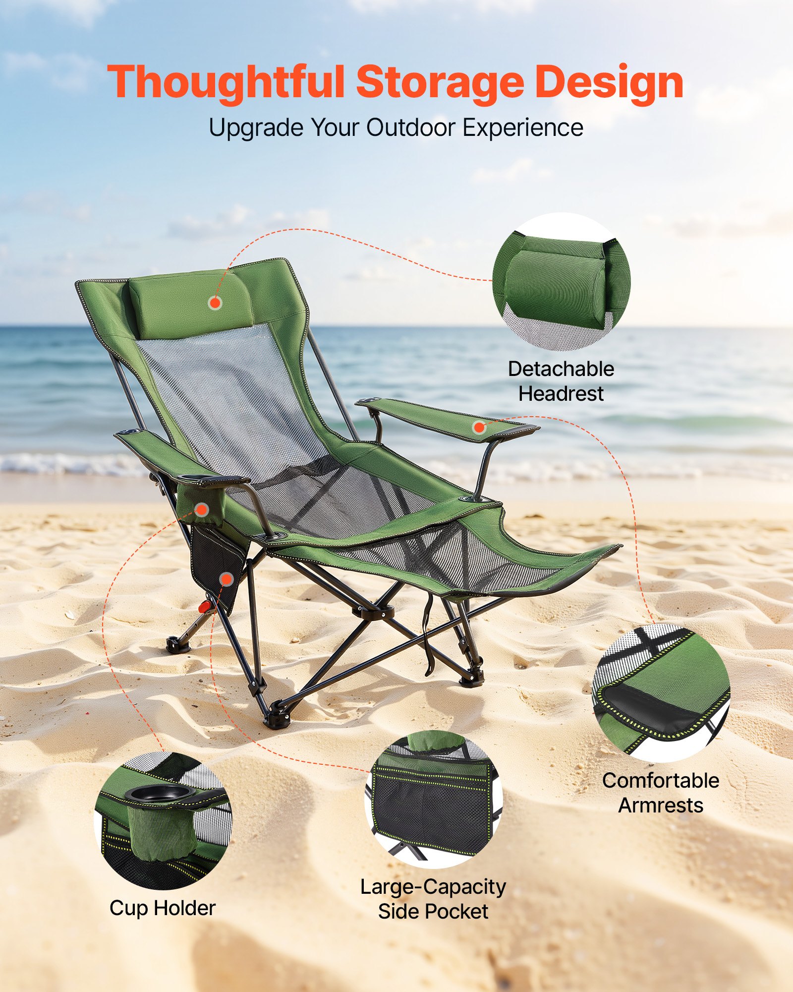 VEVOR Reclining Camping Chair, 4 Adjustable Positions, Portable Folding Lounger for Adults, Mesh Beach Chair with Headrest & Foot Rest, Supports 220 lbs, Heavy Duty Camp Chairs for Patio, Green