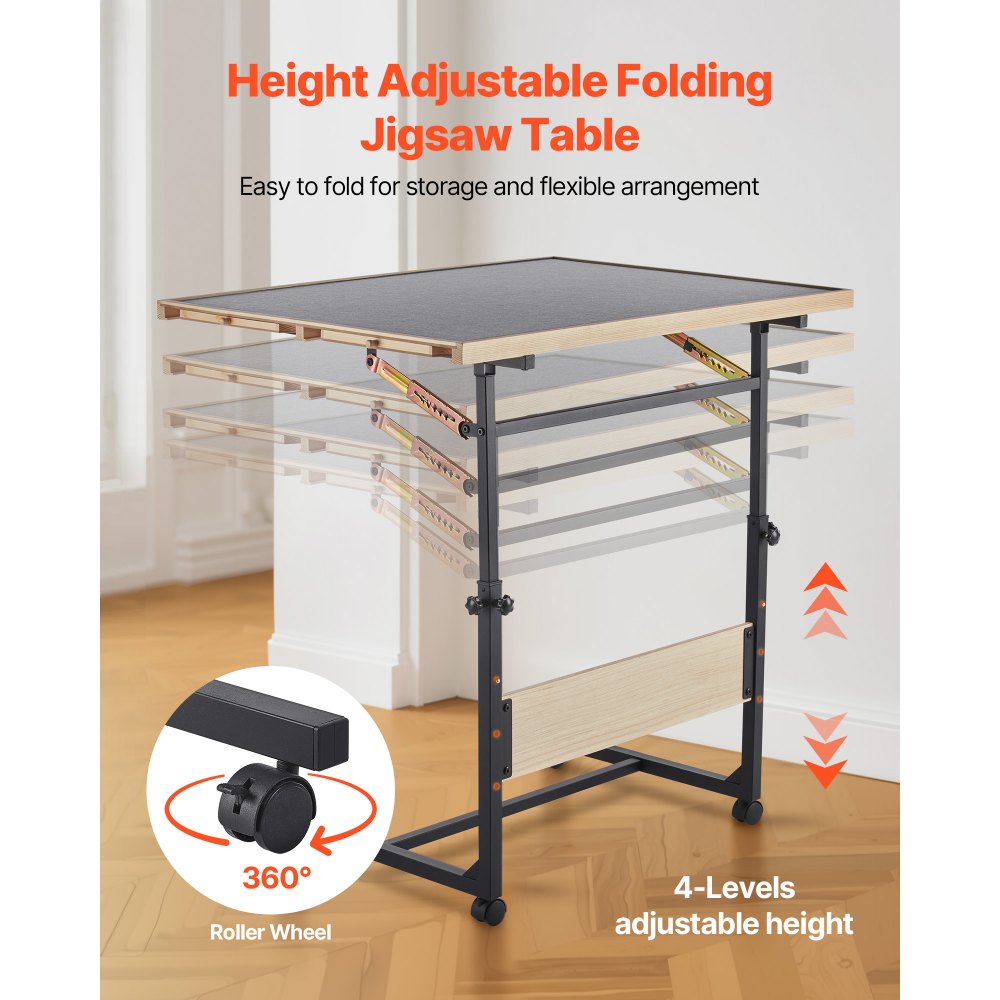 VEVOR Tavolo da Puzzle Pieghevole 1500 Pezzi con Gambe, 4 Cassetti e Coperchio, Tavolo da Puzzle Regolabile in Legno con Ruote 865 x 635 mm per Adulti, Altezza Regolabile e 5 Angoli di Inclinazione