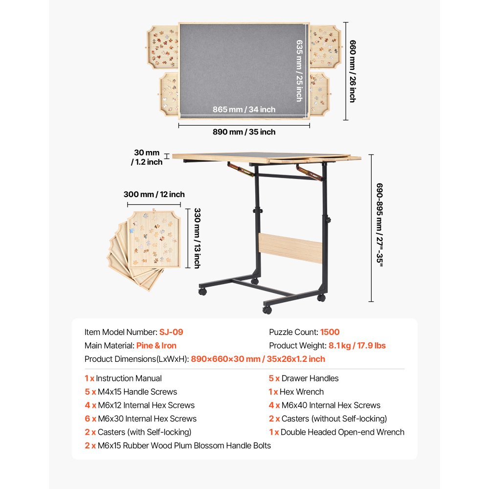 VEVOR 1500 Piece Puzzle Table with Legs, 4 Drawers and Cover, 86x63cm Portable Wooden Board with Wheels, Jigsaw Puzzle Accessories for Adults, Adjustable Height & 5-Tilting-Angle, Gift for Mom