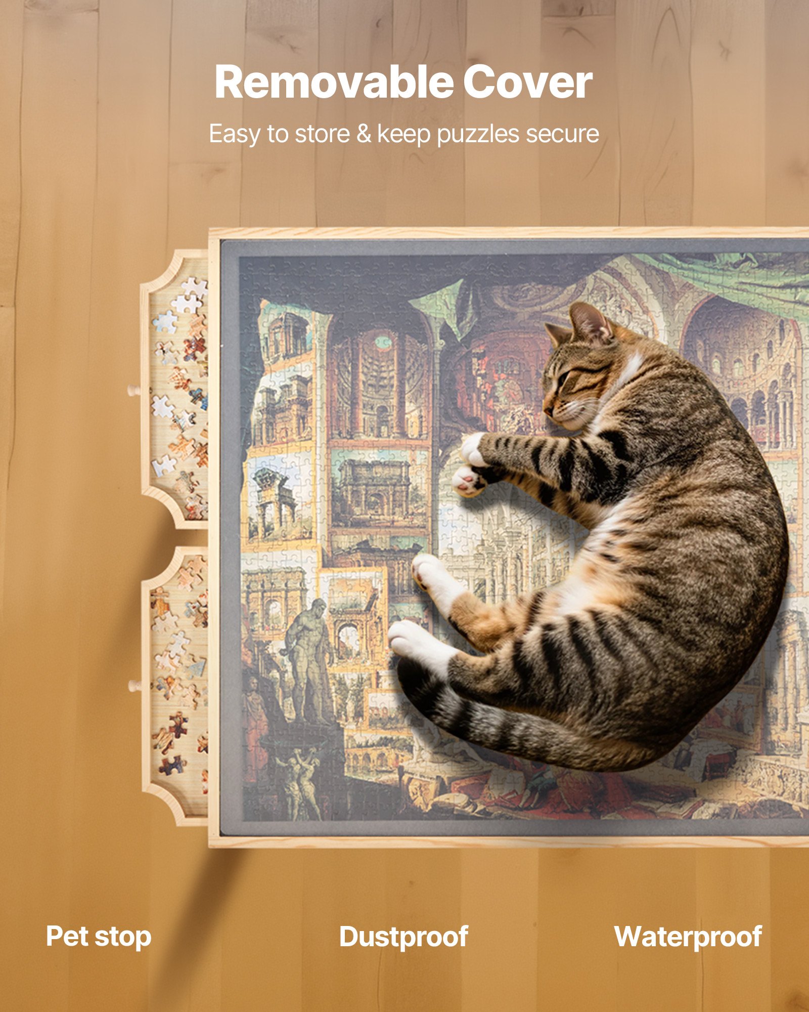 VEVOR Tavolo da Puzzle Pieghevole 1500 Pezzi con Gambe, 4 Cassetti e Coperchio, Tavolo da Puzzle Regolabile in Legno con Ruote 865 x 635 mm per Adulti, Altezza Regolabile e 5 Angoli di Inclinazione