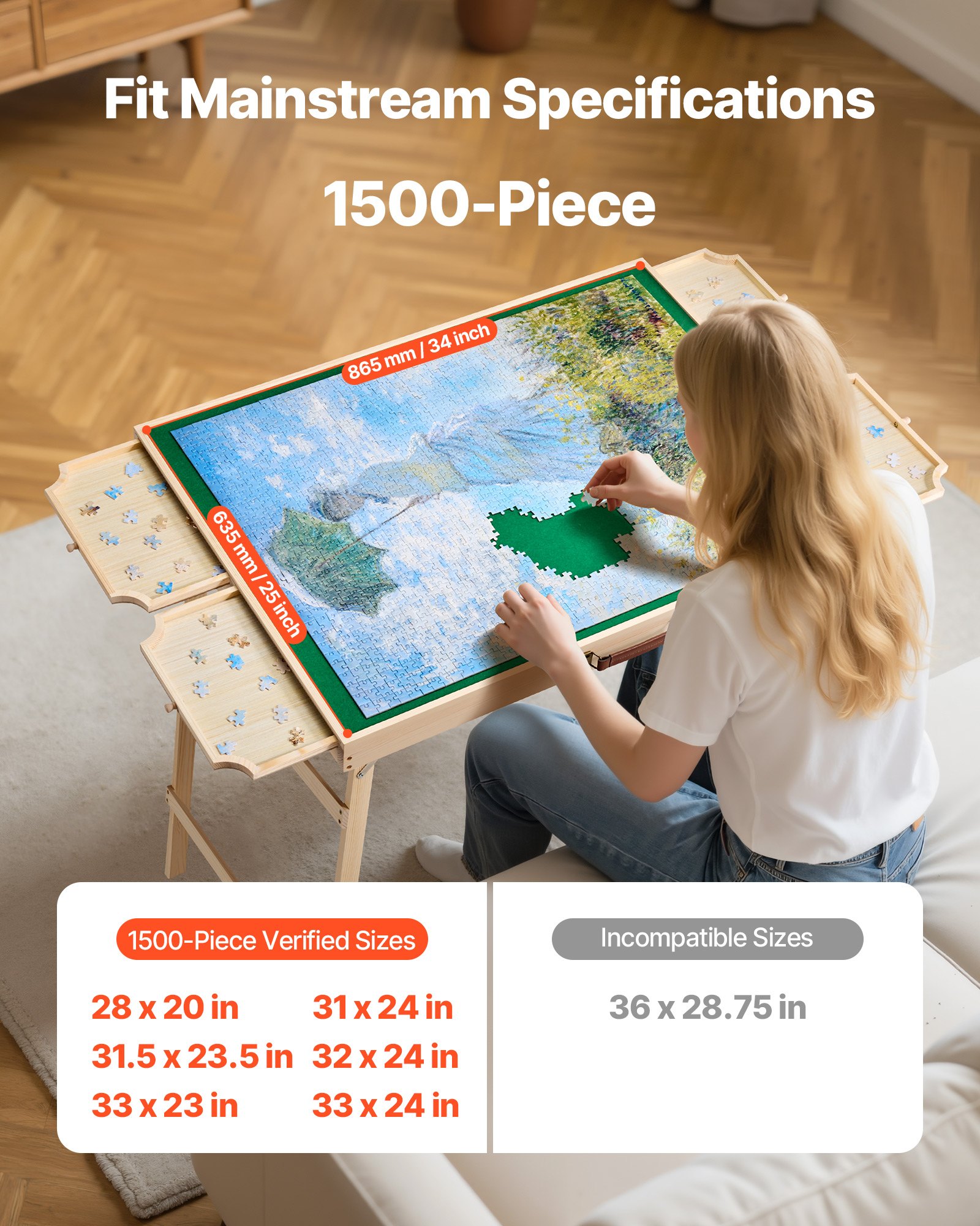 VEVOR Tavolo da Puzzle Pieghevole 1500 Pezzi con Gambe Pieghevoli, 4 Cassetti e Coperchio, Tavolo da Puzzle Regolabile in Legno 865 x 635 mm Superficie in Feltro, 6 Angoli di Inclinazione Regolabili