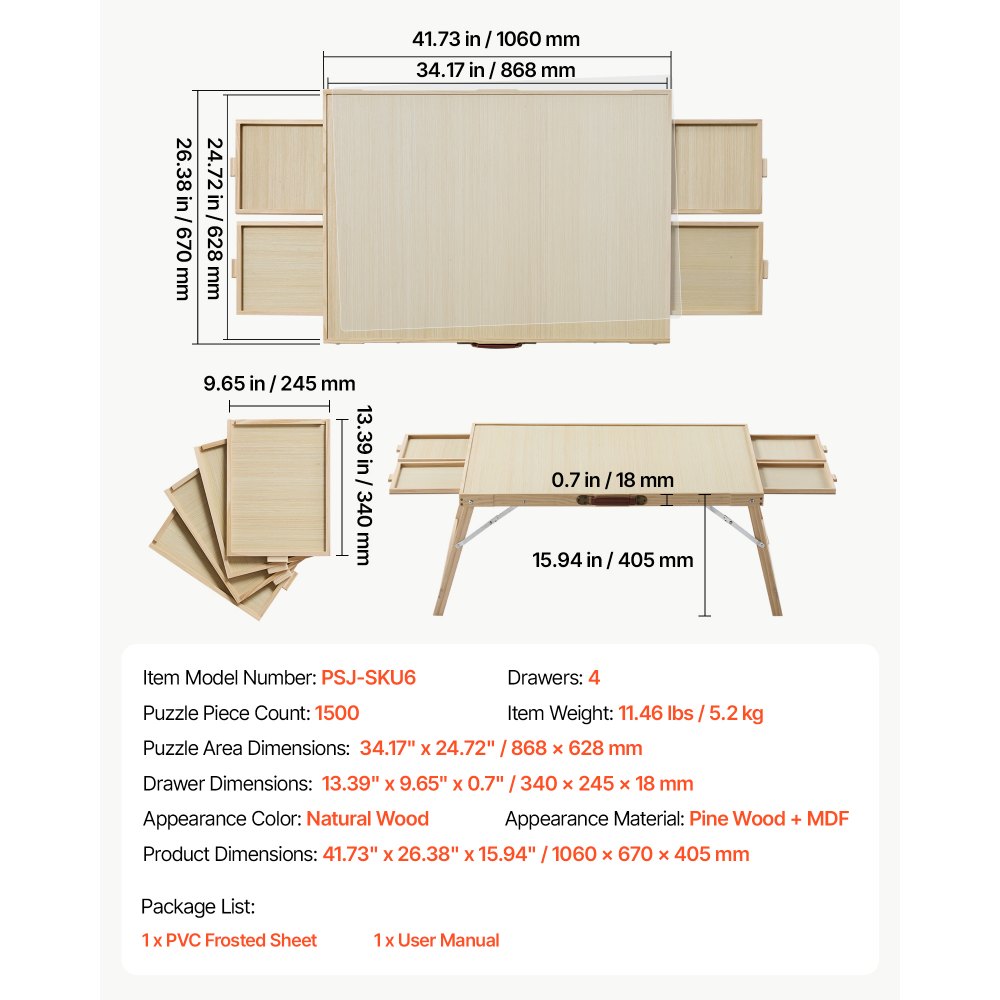 VEVOR Tavolo per Puzzle da Pavimento per 1500 pezzi con Gambe Pieghevoli 4 Cassetti, Coperchio, Area di Lavoro 868 x 628 mm, Tavolino in Legno, Portatile, Conservazione Accessori di Puzzle, Adulti