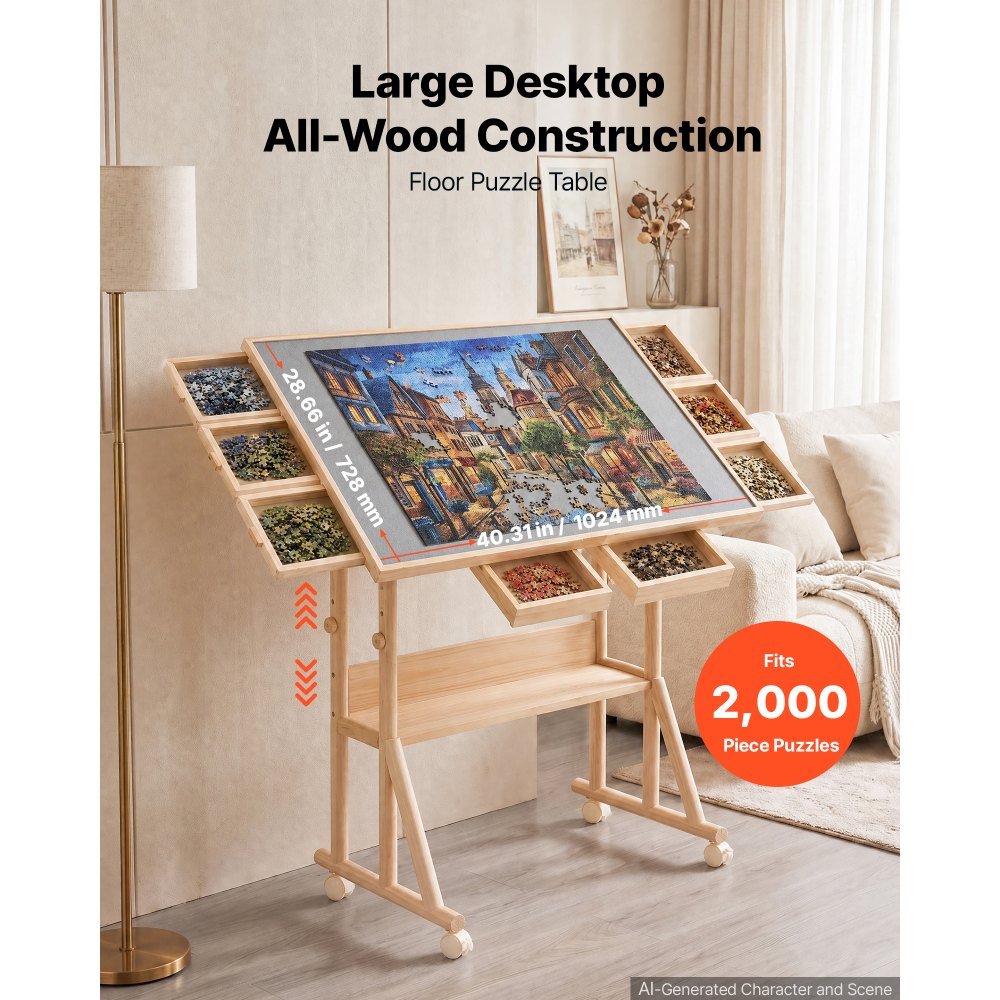 VEVOR 2000 Piece Puzzle Table with Legs, Wheels, 6 Drawers, Cover 102x73 cm, Gift for Mom, Portable Wooden Board, Felt Surface Jigsaw Puzzle Accessories for Adults, Adjustable Height Storage Organizer