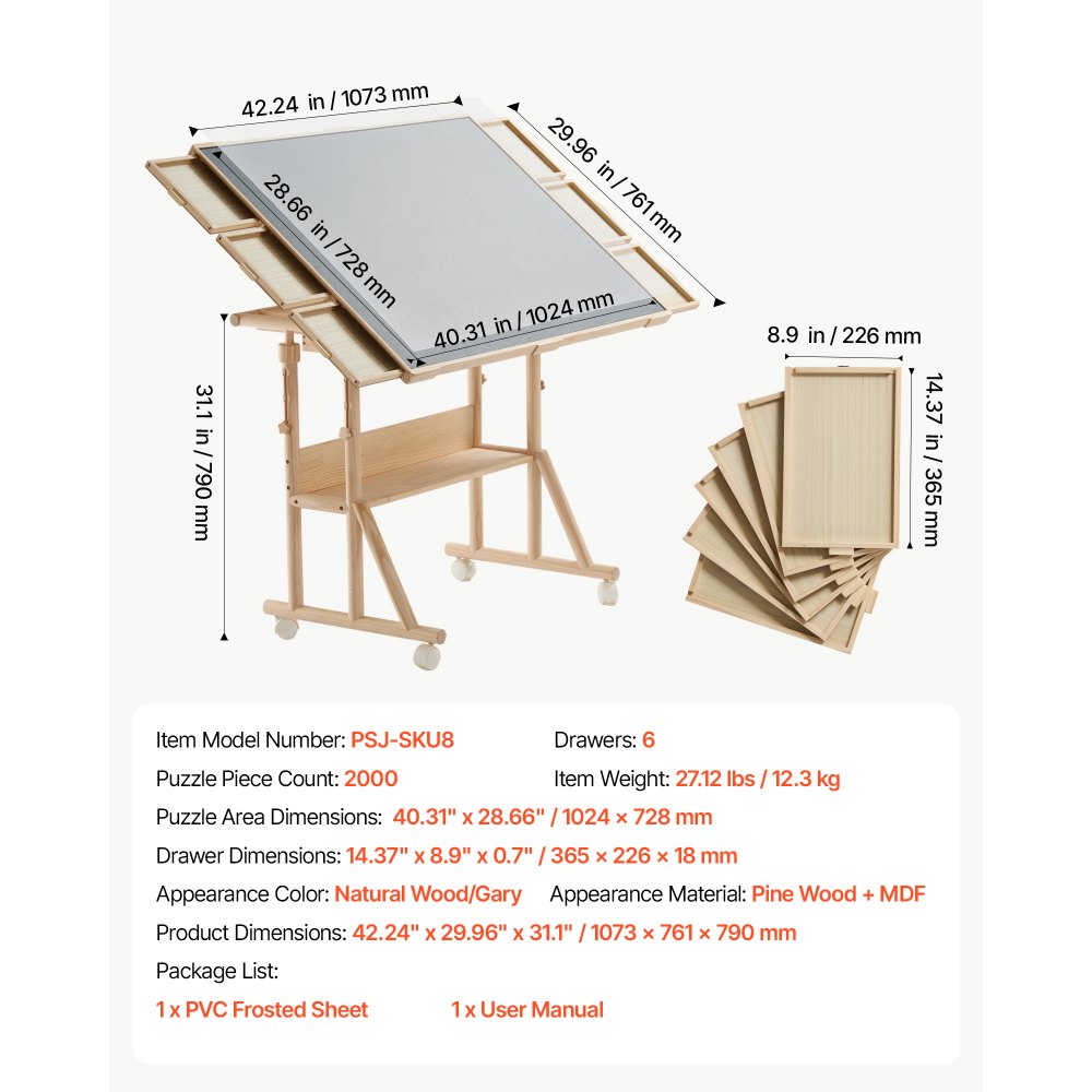 VEVOR 2000 Piece Puzzle Table with Legs, Wheels, 6 Drawers, Cover 102x73 cm, Gift for Mom, Portable Wooden Board, Felt Surface Jigsaw Puzzle Accessories for Adults, Adjustable Height Storage Organizer