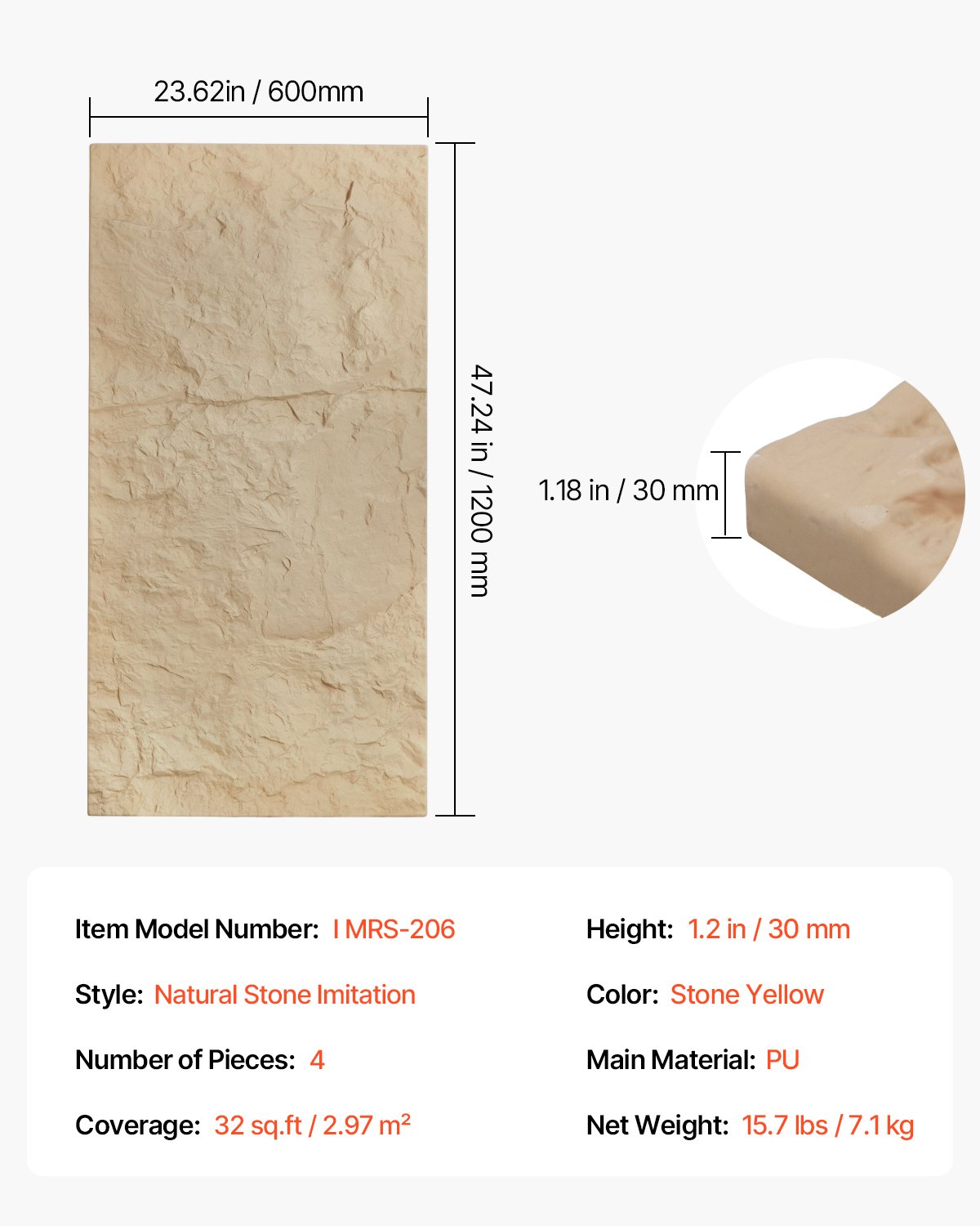 VEVOR Pannelli da Parete 3D, 4 Pezzi 1200 x 600 x 30 mm PU Piastrelle Artistiche da Parete Imitazione Pietra Naturale, Pannello da Parete Decorativo, Decorazione Interni, Pietra Gialla