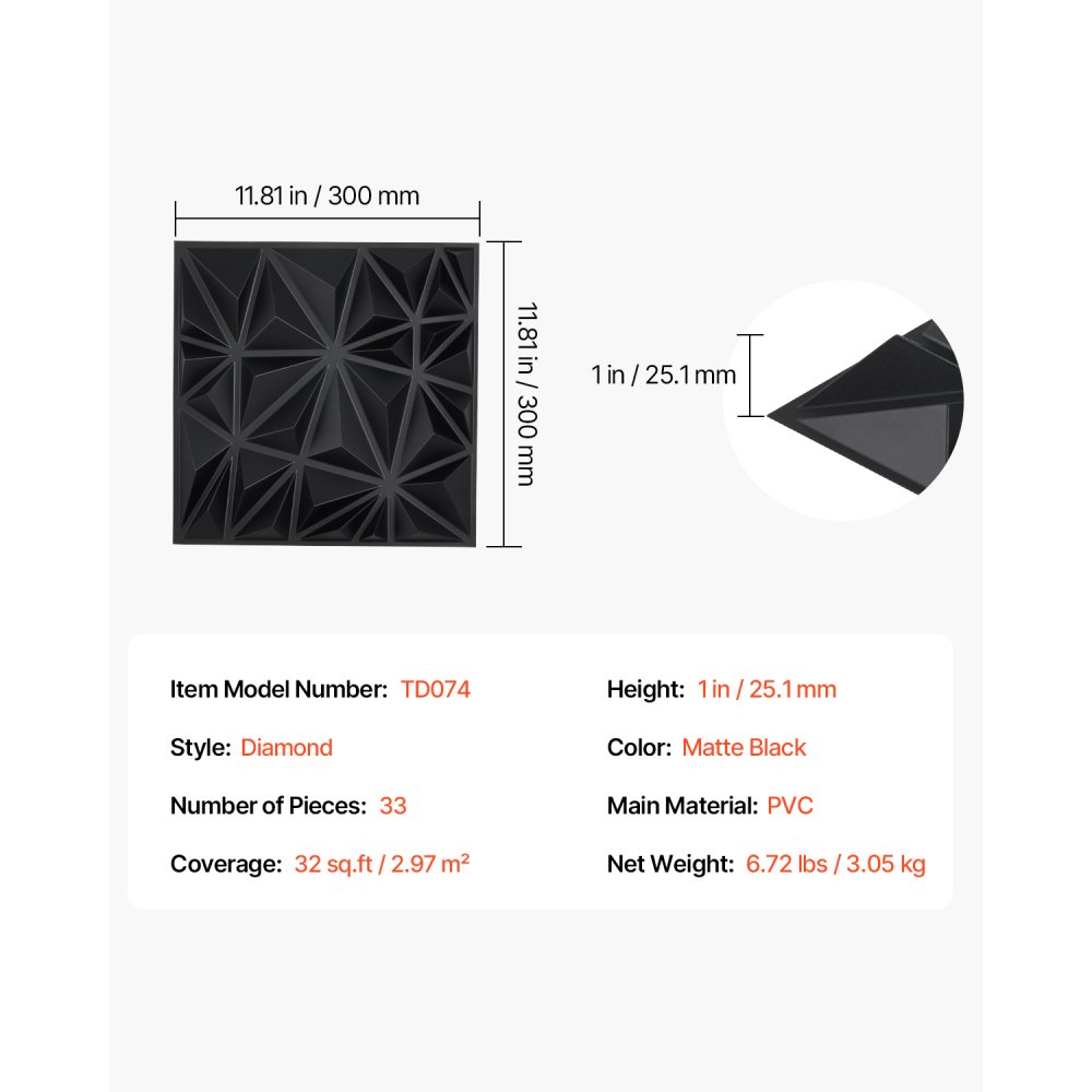 VEVOR Pannelli da Parete 3D, 33 Pezzi 300 x 300 x 25,1 mm 2,97 m², Piastrelle Artistiche da Parete Diamante Stile Moderne, Pannello per Soffitto Sala, Decorazione Interni, Nero Opaco