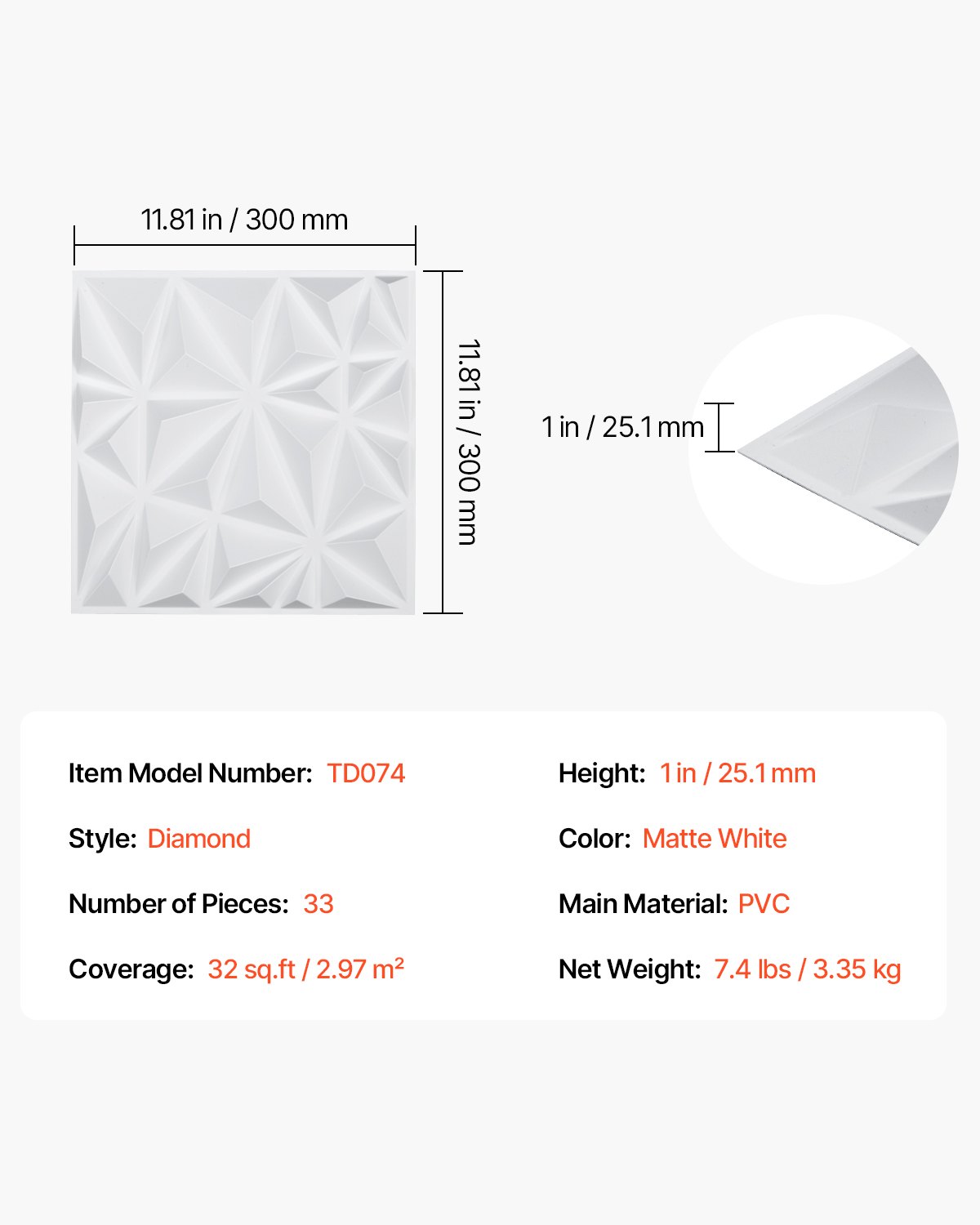 VEVOR 3D wall panels, set of 33, 30x30 cm PVC, modern minimalist wall covering, 2.97 m² coverage, wall decoration, interior design for ceilings, bedrooms, living rooms and playrooms, matte white