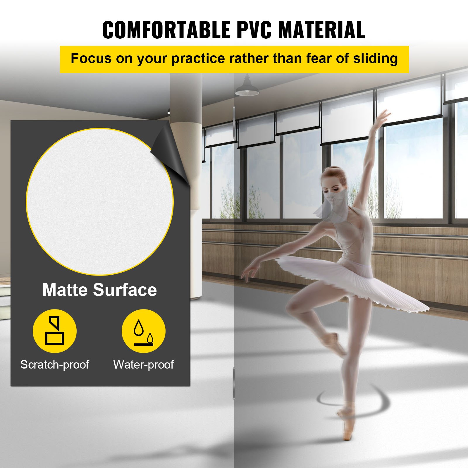 VEVOR Pavimento Gomma Liscio da 2x7 m in PVC Bianco, Spazio di Copertura 14 ㎡ Copri Pavimenti in Gomma Isolante, Tappetino Antiscivolo per Pista da Ballo per Danza Classica Moderna, Jazz, Hip Hop