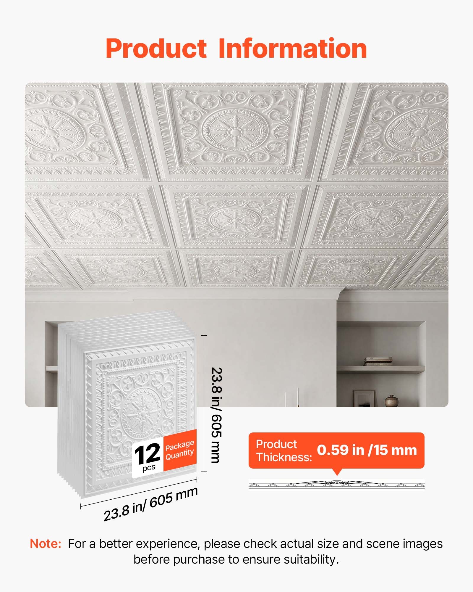 VEVOR Pannelli per Controsoffitto in PVC 605 x 605 mm 12 Pezzi Bianchi, Pannelli con Motivo Geometrico 3D, Lisci per Griglia, Resistenti e Verniciabili, Facili da Tagliare, per Casa e Ufficio