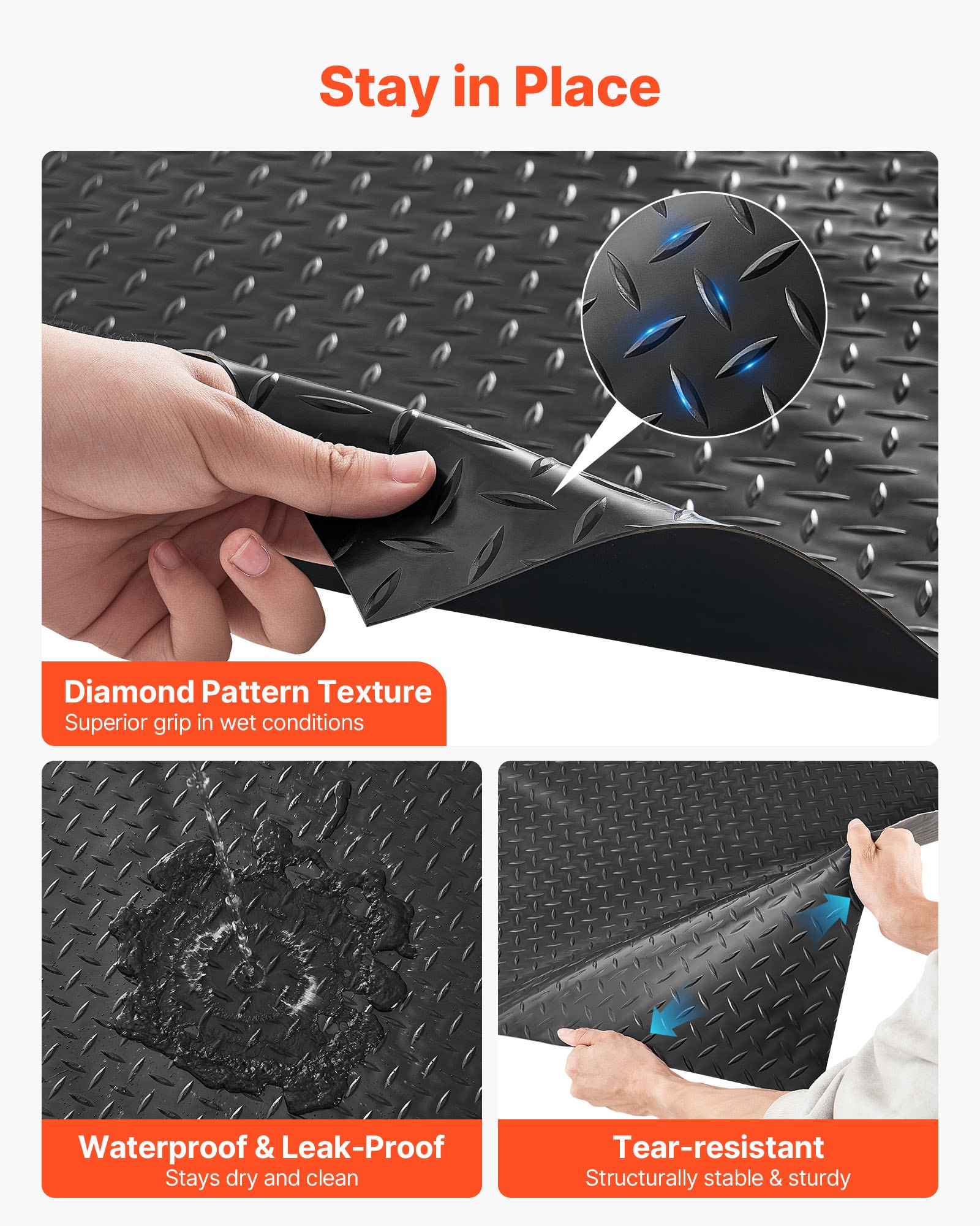 VEVOR Tappeto Rivestimento da Pavimento in PVC 1,2 x 3,05 m, Tappetino Protettivo per Pavimento Diamantato Spesso 2,2 mm con Nastro Biadesivo, Antiscivolo Facile da Pulire per Magazzini, Nero