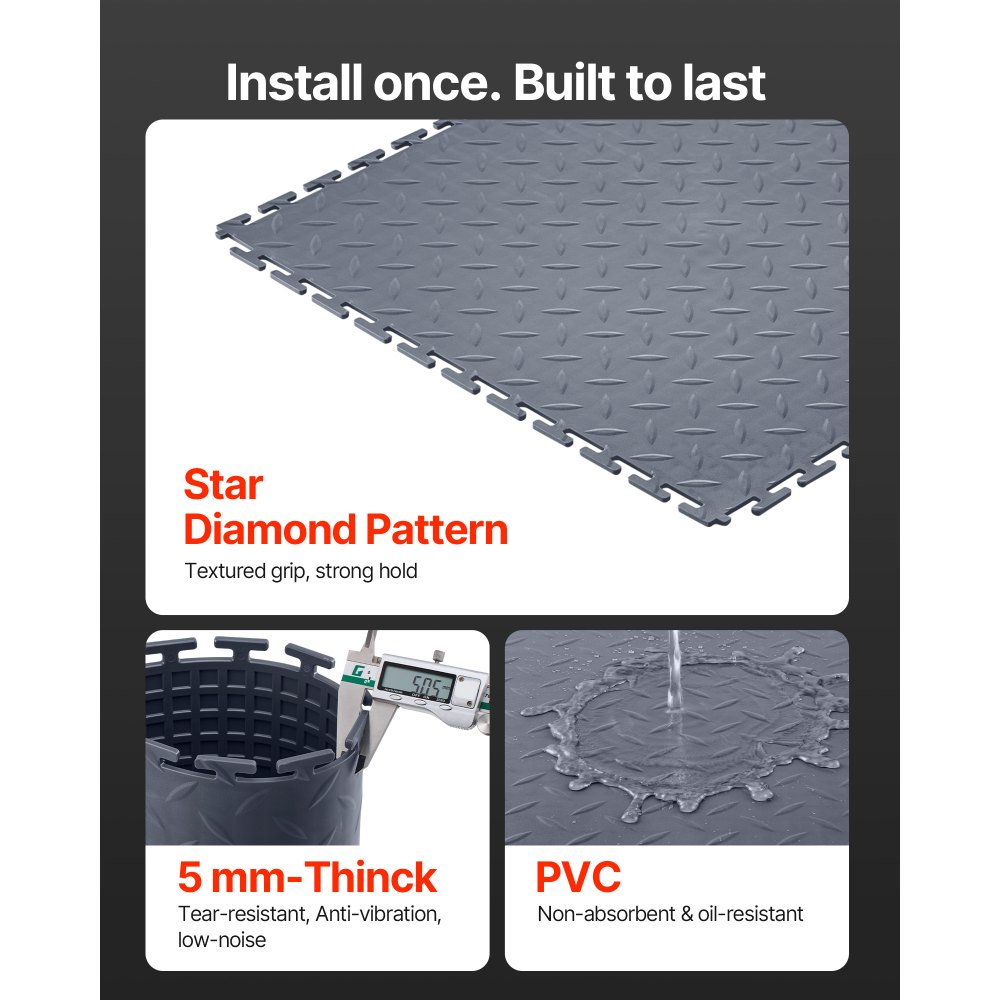 VEVOR Piastrelle per Pavimenti da Garage, Confezione da 8 Piastrelle Modulari a Incastro da 513 x 513 x 5 mm, Tappetini Antiscivolo in PVC con Piastra Diamantata per Officina, Grigio Grafite