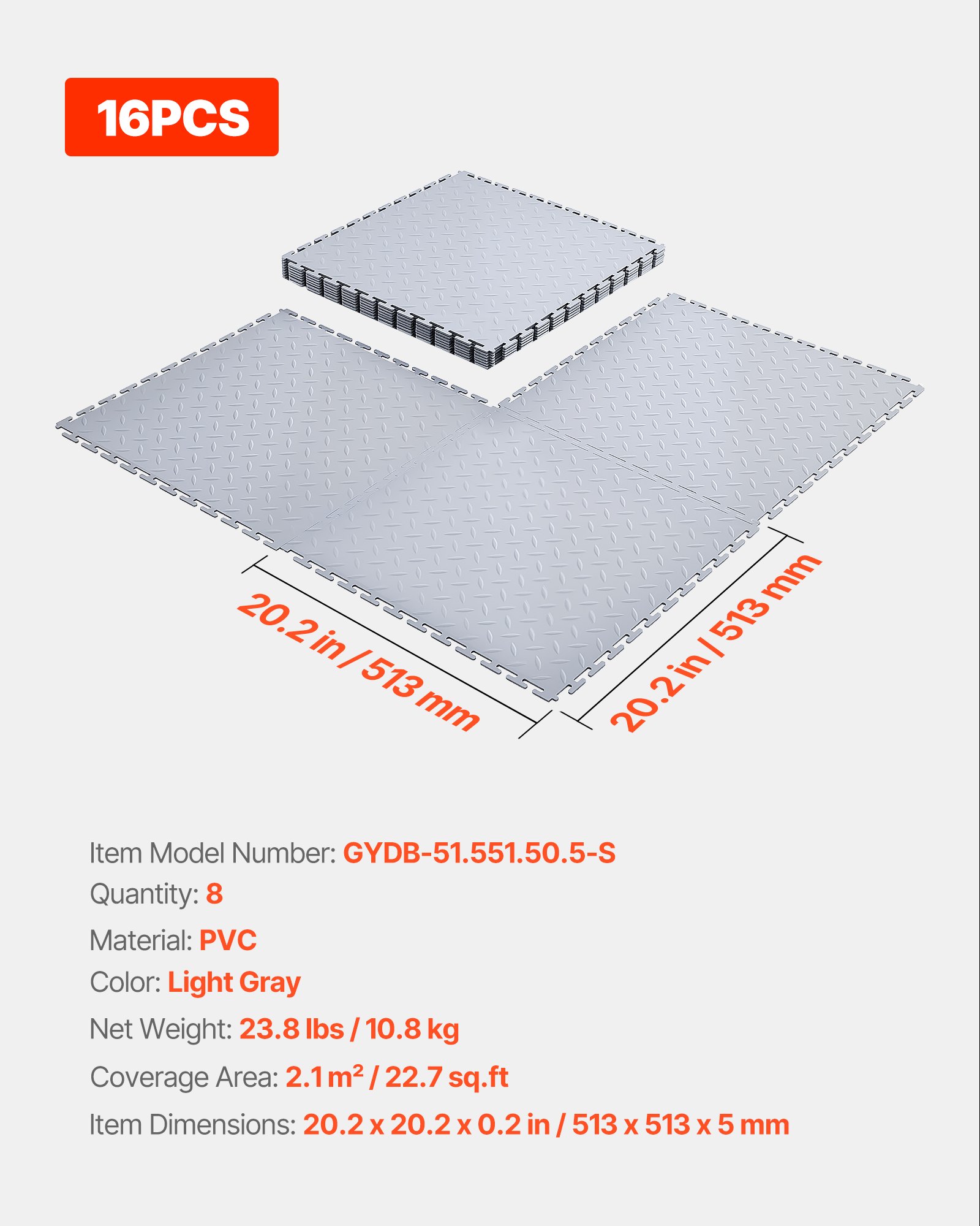 VEVOR Piastrelle per Pavimenti da Garage, Confezione da 8 Piastrelle Modulari a Incastro da 513 x 513 x 5 mm, Tappetini Antiscivolo in PVC con Piastra Diamantata per Officina, Magazzino, Argento
