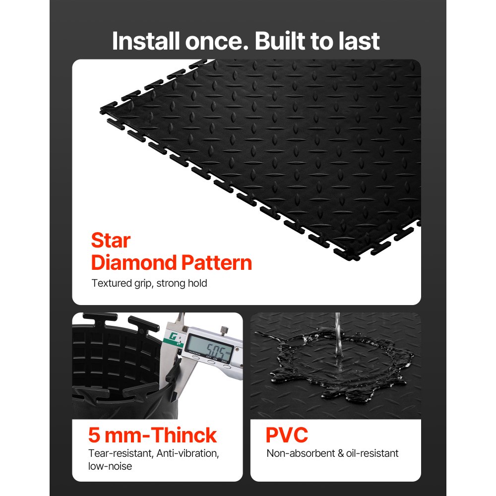 VEVOR Piastrelle per Pavimenti da Garage, Confezione da 8 Piastrelle Modulari a Incastro da 513 x 513 x 5 mm, Tappetini Antiscivolo in PVC con Piastra Diamantata per Officina, Magazzino, Nero