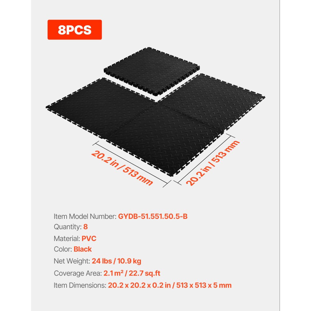 VEVOR Piastrelle per Pavimenti da Garage, Confezione da 8 Piastrelle Modulari a Incastro da 513 x 513 x 5 mm, Tappetini Antiscivolo in PVC con Piastra Diamantata per Officina, Magazzino, Nero
