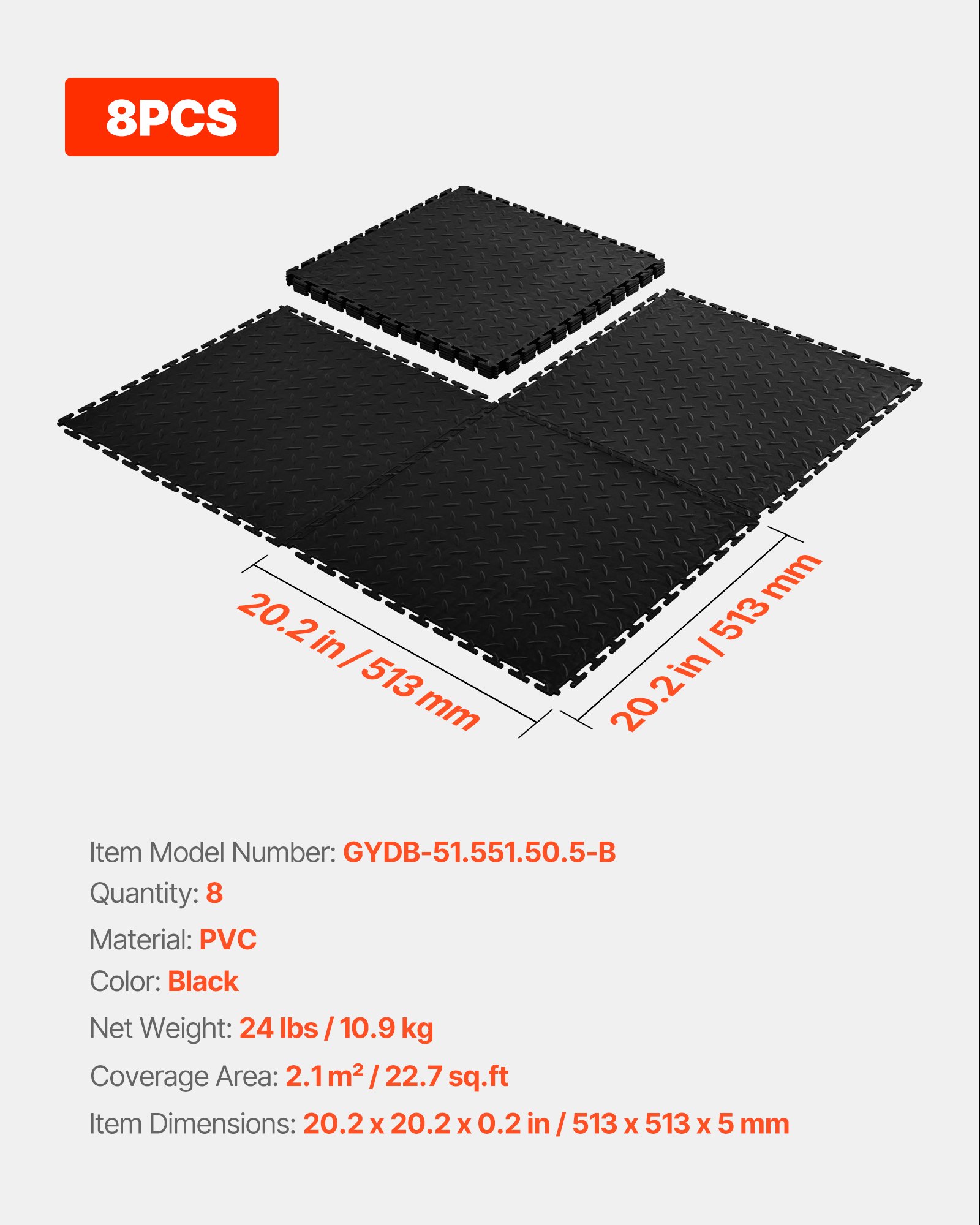 VEVOR Piastrelle per Pavimenti da Garage, Confezione da 8 Piastrelle Modulari a Incastro da 513 x 513 x 5 mm, Tappetini Antiscivolo in PVC con Piastra Diamantata per Officina, Magazzino, Nero