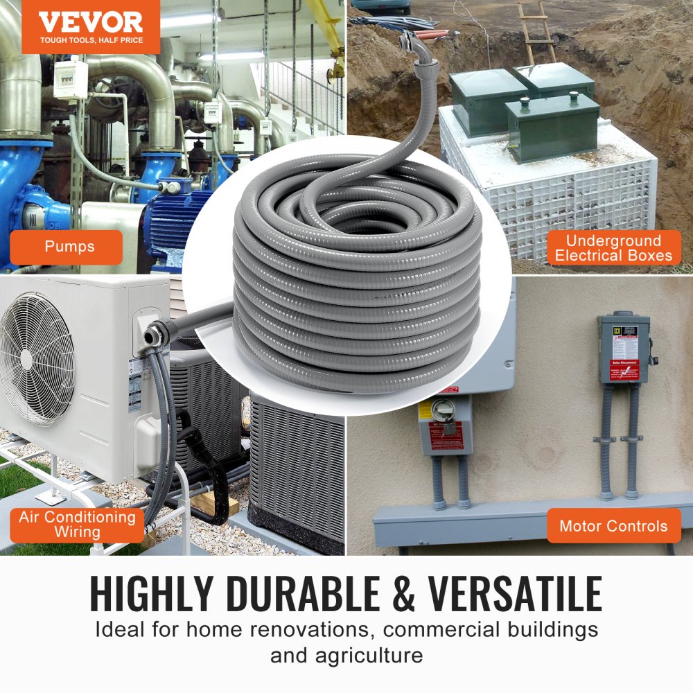 VEVOR 19.1 mm electrical flexible conduit, 30.5 m, liquid-tight PVC conduit, with 5 straight and 5 90-degree conduit fittings, for air conditioning motor control pump, IP65