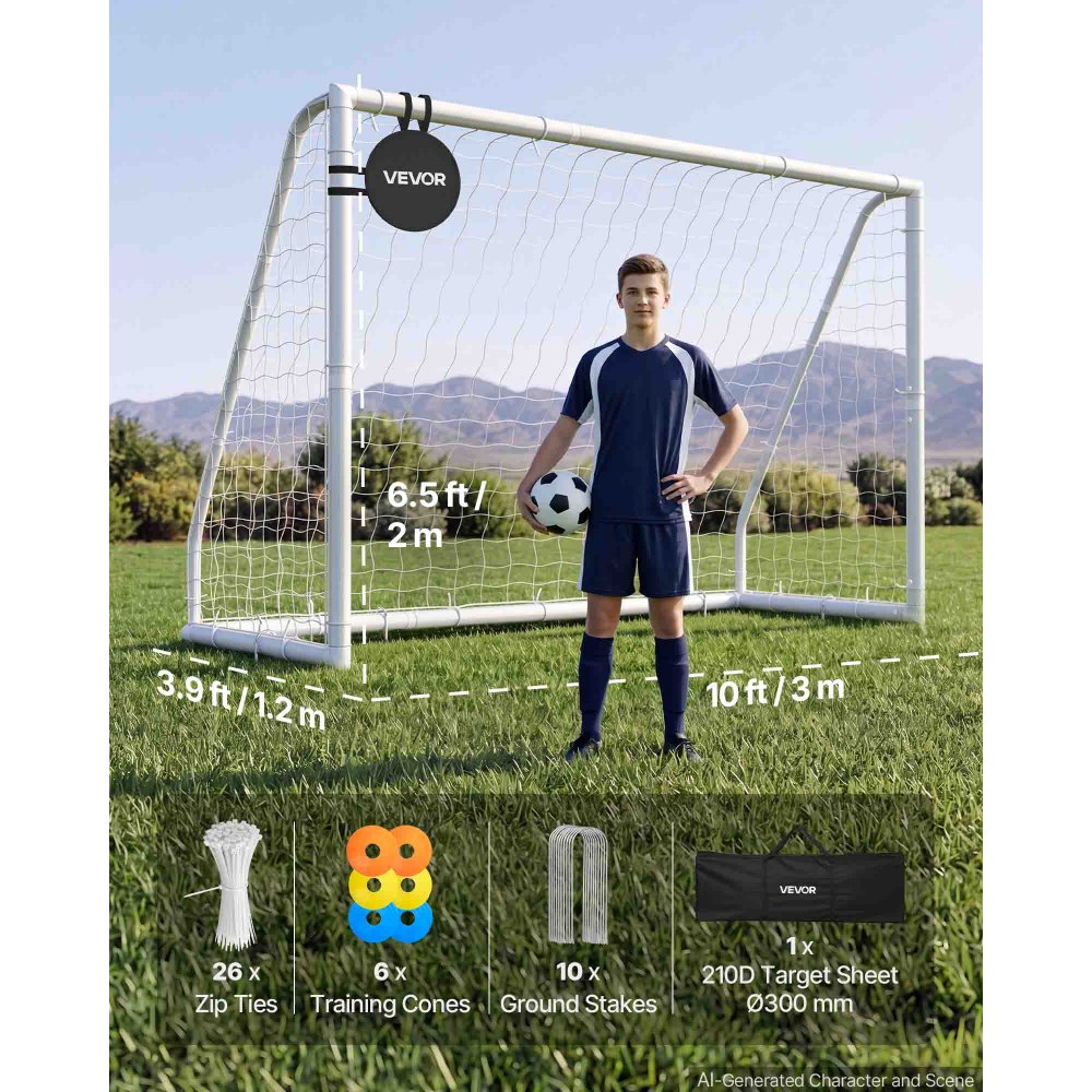 VEVOR Porta da Calcio in PVC Allenamento all'Aperto 3 x 2 m con Rete in PE Esercizio da Giardino Resistente alle Intemperie, con Bersaglio Coni, Pratica di Tiro da Esterno Giardino Prato Campo