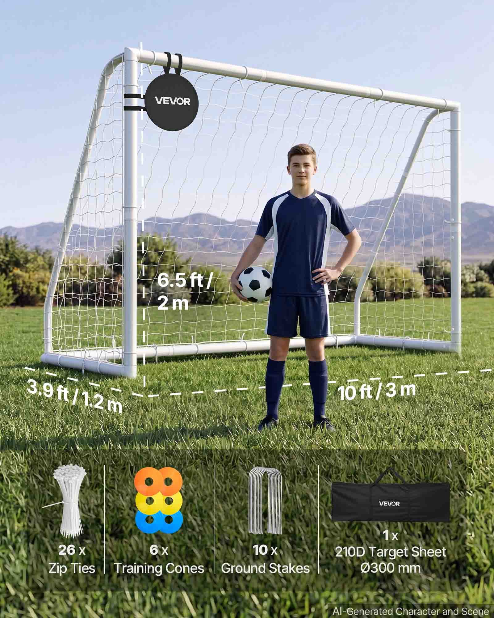 VEVOR Porta da Calcio in PVC Allenamento all'Aperto 3 x 2 m con Rete in PE Esercizio da Giardino Resistente alle Intemperie, con Bersaglio Coni, Pratica di Tiro da Esterno Giardino Prato Campo