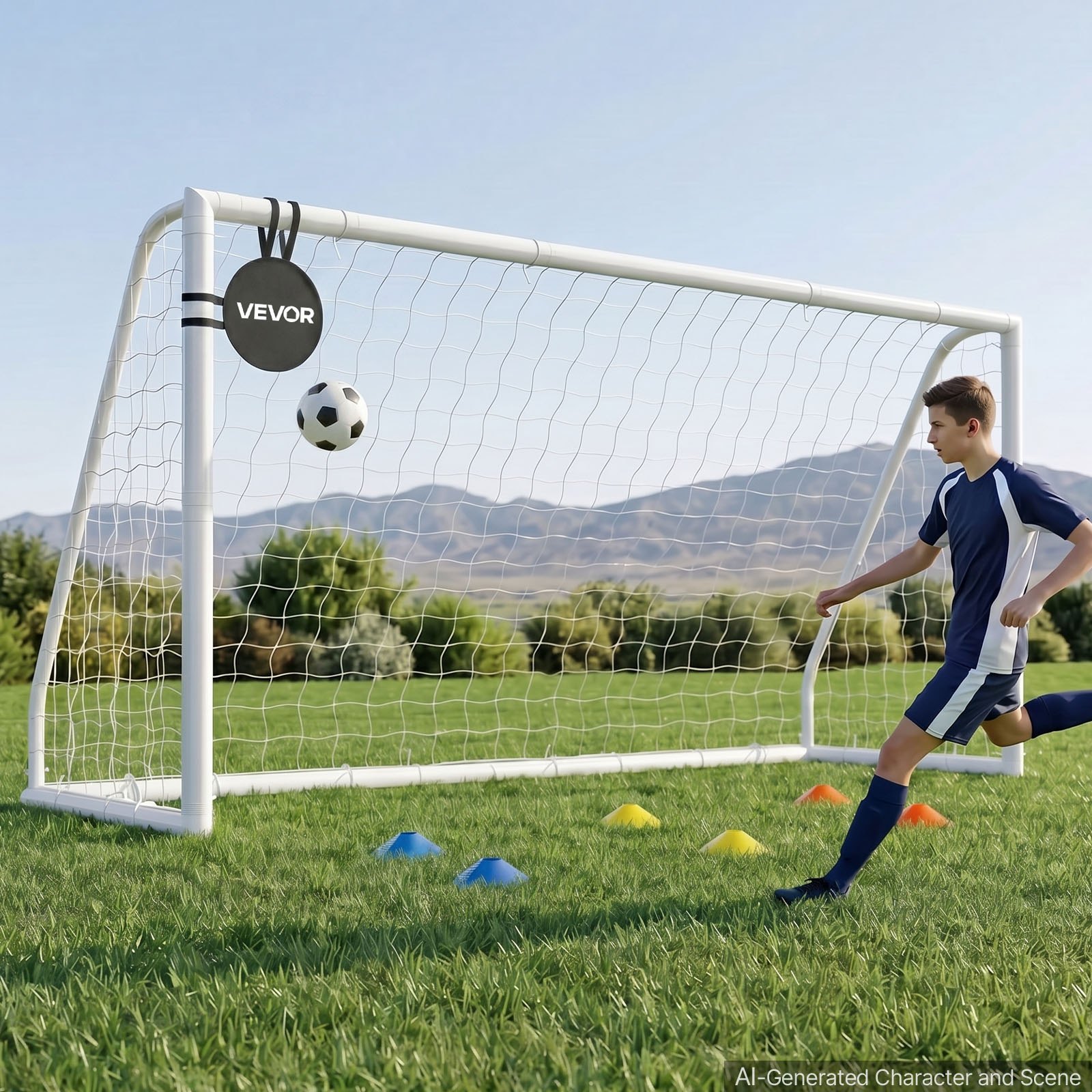 VEVOR Porta da Calcio in PVC Allenamento all'Aperto 3,65 x 1,82m Rete in PE Esercizio da Giardino Resistente alle Intemperie, con Bersaglio Coni, Pratica di Tiro da Esterno Giardino Prato Campo