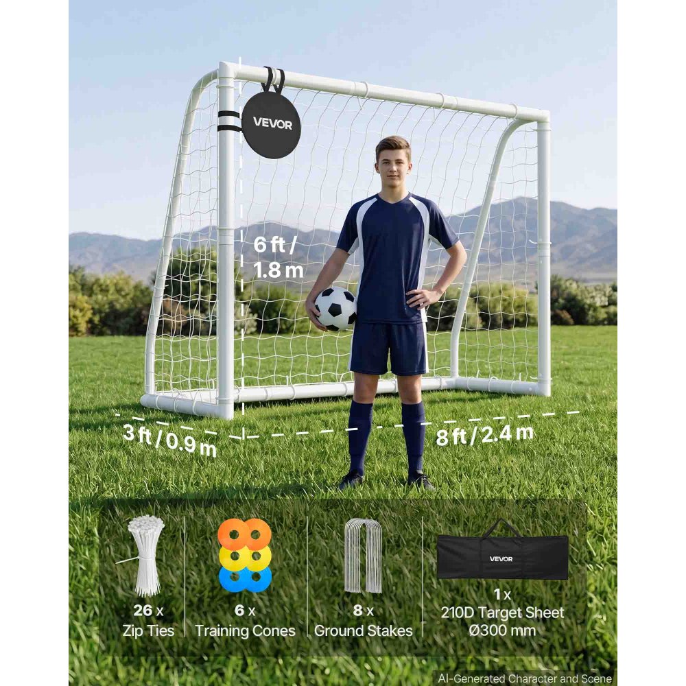 VEVOR Porta da Calcio in PVC Allenamento all'Aperto 2,44 x 1,82m Rete in PE Esercizio da Giardino Resistente alle Intemperie, con Bersaglio Coni, Pratica di Tiro da Esterno Giardino Prato Campo