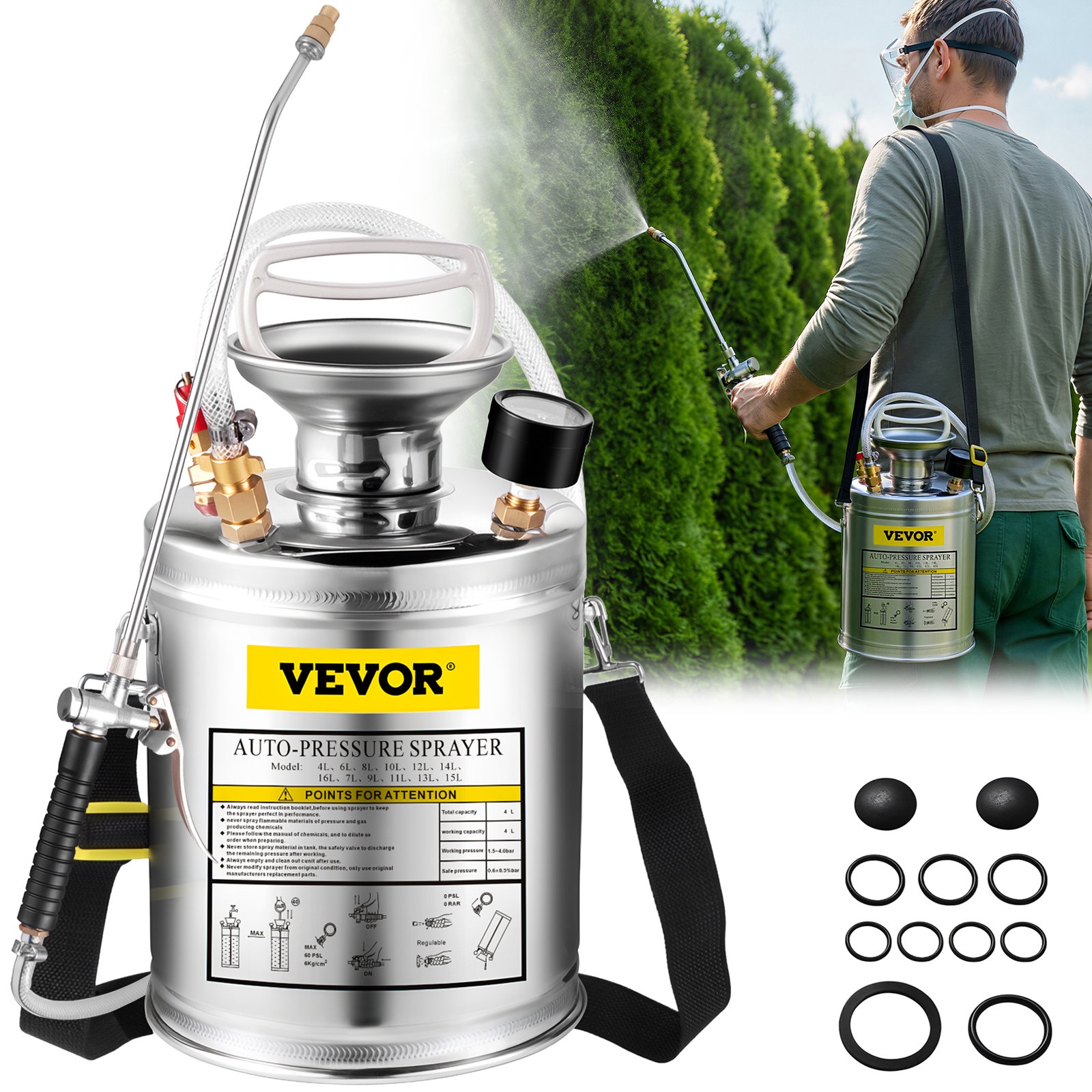 VEVOR Spruzzatore 4L in Acciaio Inossidabile, Spruzzatore Manuale a Pompa, Spruzzatore da Giardino Rinforzato a Pressione da 3,3 Pollici, Spruzzatore per Giardinaggio Domestico e Pulizia del Terreno