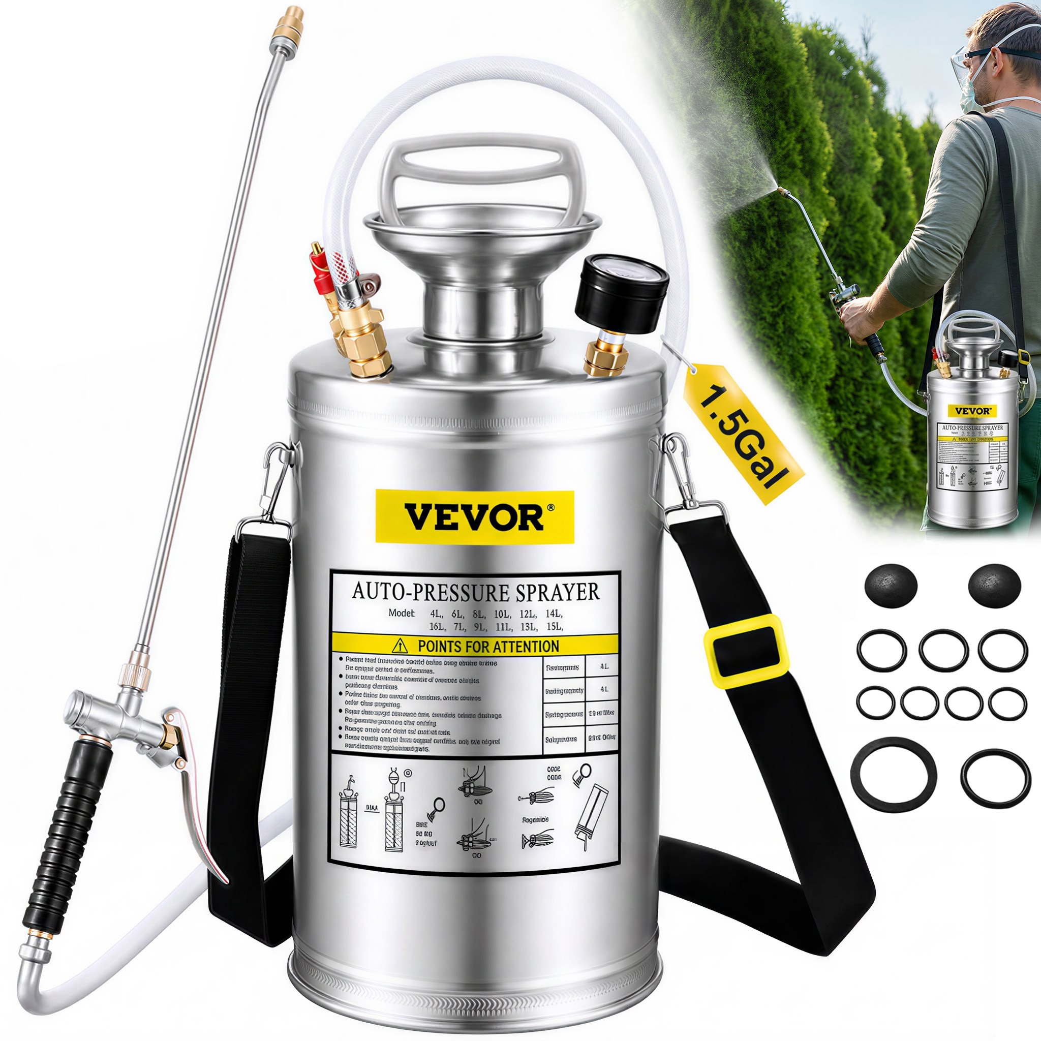 VEVOR Spruzzatore 6L in Acciaio Inossidabile, Spruzzatore Manuale a Pompa, Spruzzatore da Giardino Rinforzato a Pressione da 3,3 Pollici, Spruzzatore per Giardinaggio Domestico e Pulizia del Terreno