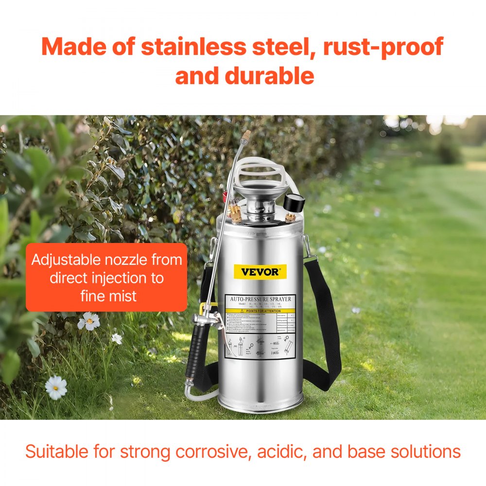 VEVOR Spruzzatore 8L in Acciaio Inossidabile, Spruzzatore Manuale a Pompa, Spruzzatore da Giardino Rinforzato a Pressione da 3,3 Pollici, Spruzzatore per Giardinaggio Domestico e Pulizia del Terreno