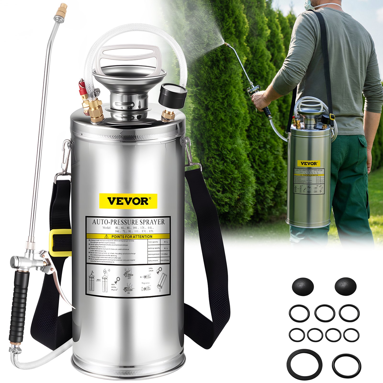 VEVOR Spruzzatore 8L in Acciaio Inossidabile, Spruzzatore Manuale a Pompa, Spruzzatore da Giardino Rinforzato a Pressione da 3,3 Pollici, Spruzzatore per Giardinaggio Domestico e Pulizia del Terreno